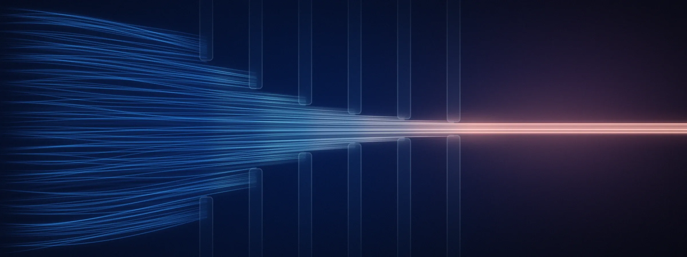 Cool blue lines of light narrowing through six frosted glass gates into a single warm beam, illustrating a B2B website turning traffic into qualified leads