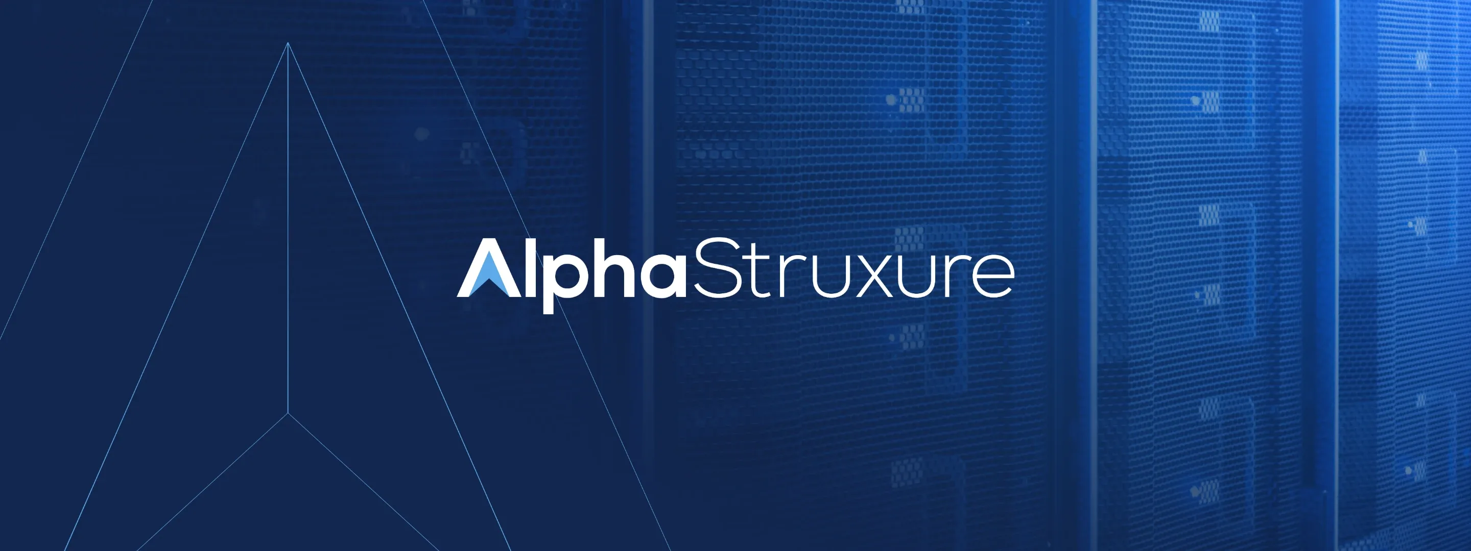 AlphaStruxure wordmark on a deep blue background with a data center grid