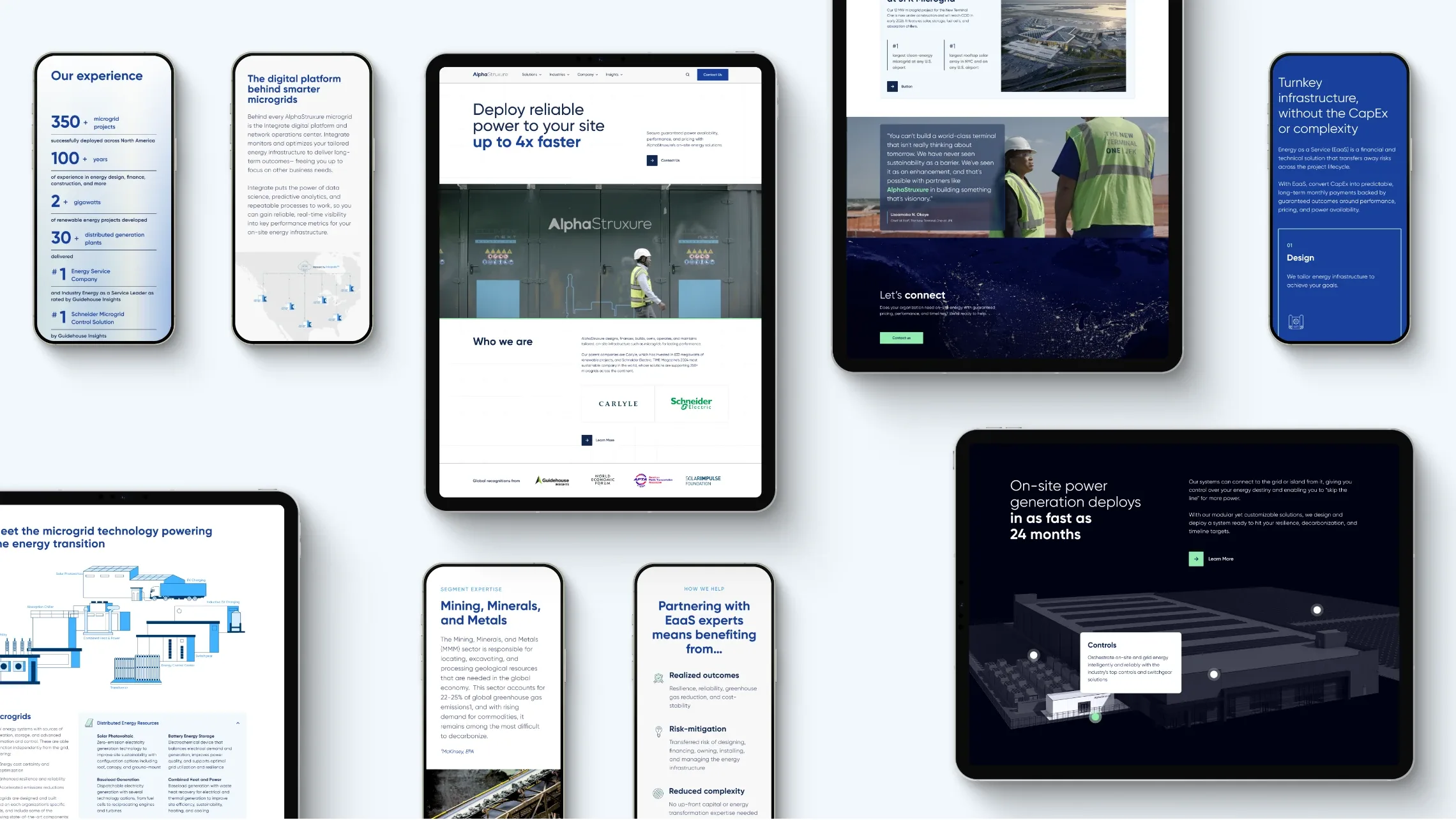 AlphaStruxure website pages shown on phones, tablets and a laptop