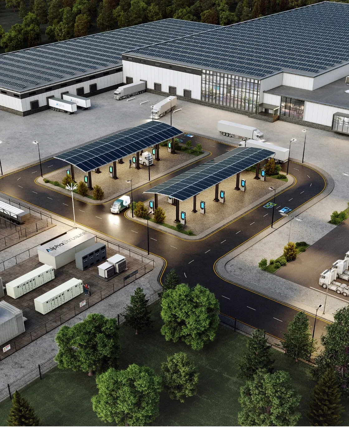 Aerial view of an industrial site with solar canopies and on-site power equipment