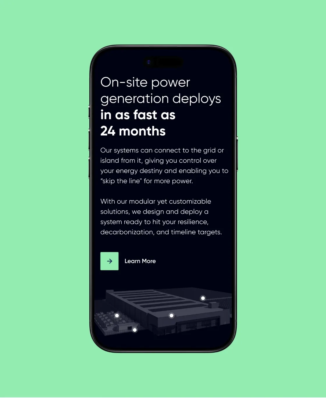 AlphaStruxure mobile page: on-site power generation deploys in as fast as 24 months