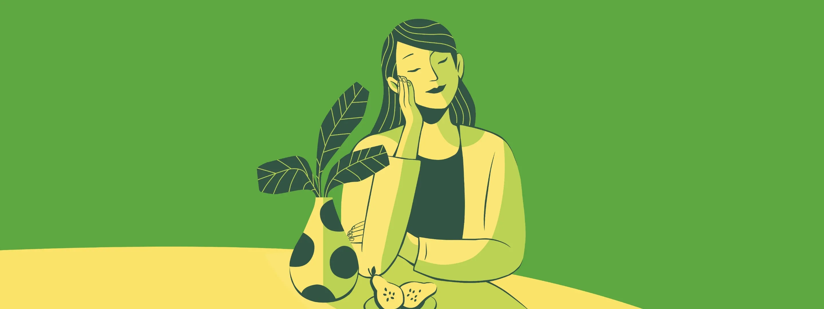 BetterHelp illustration of a woman relaxing beside a plant on a green background