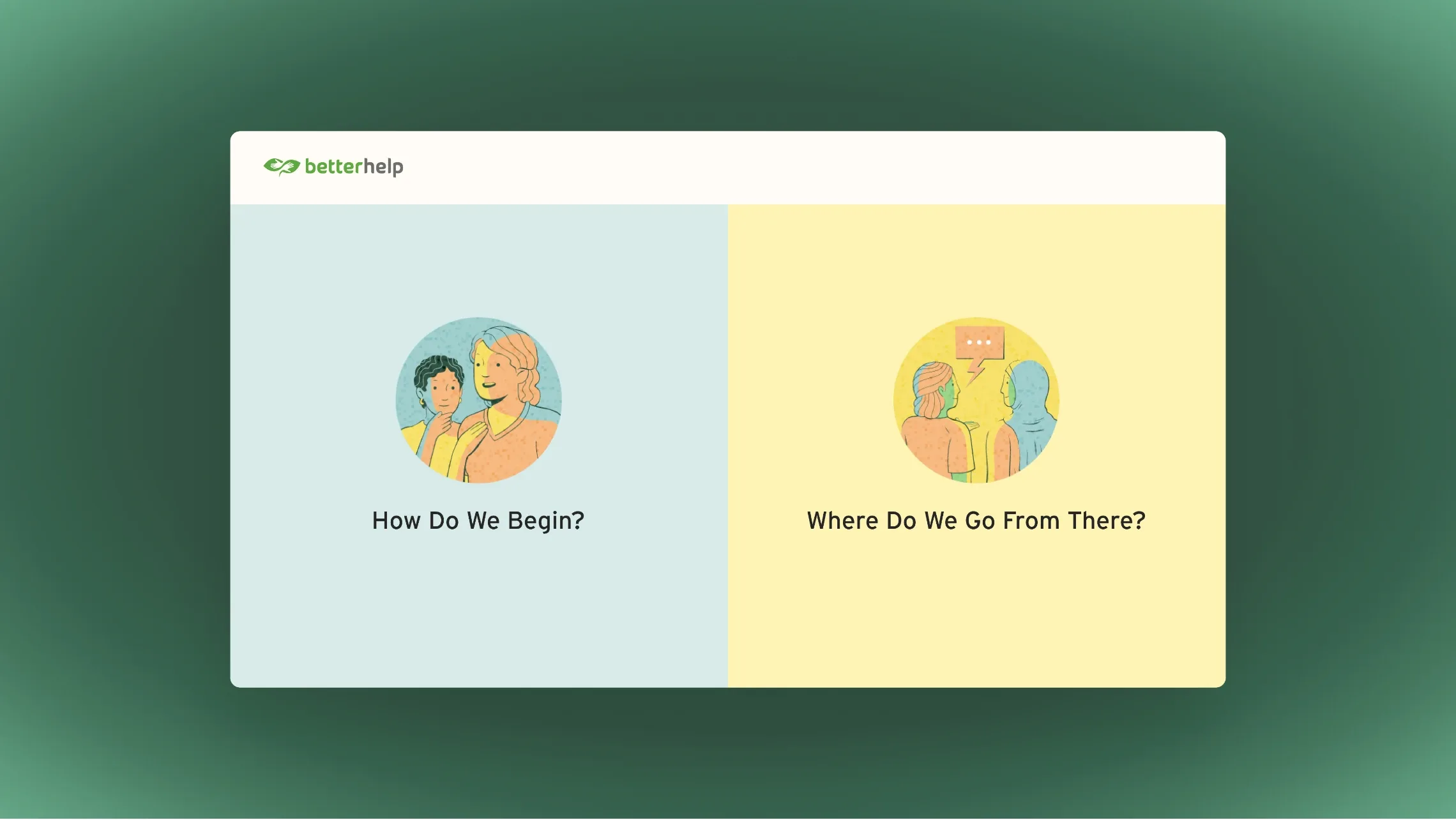 BetterHelp website section with illustrated cards: How do we begin? and Where do we go from there?