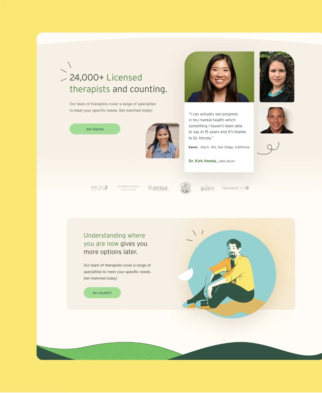 BetterHelp page showing 24,000+ licensed therapists with therapist photos and an illustration