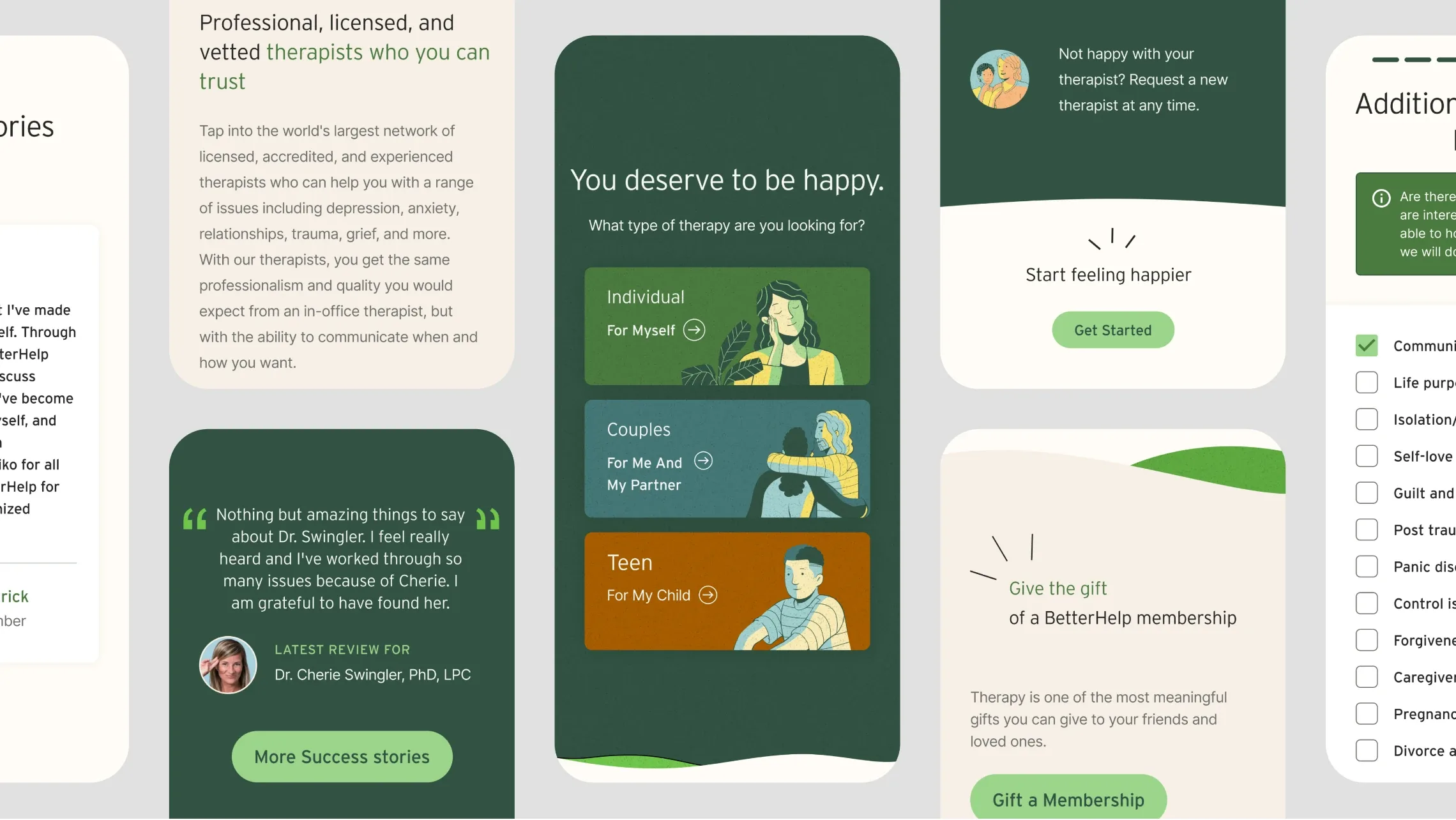 BetterHelp mobile screens for choosing a therapy type, reviews and gifting a membership