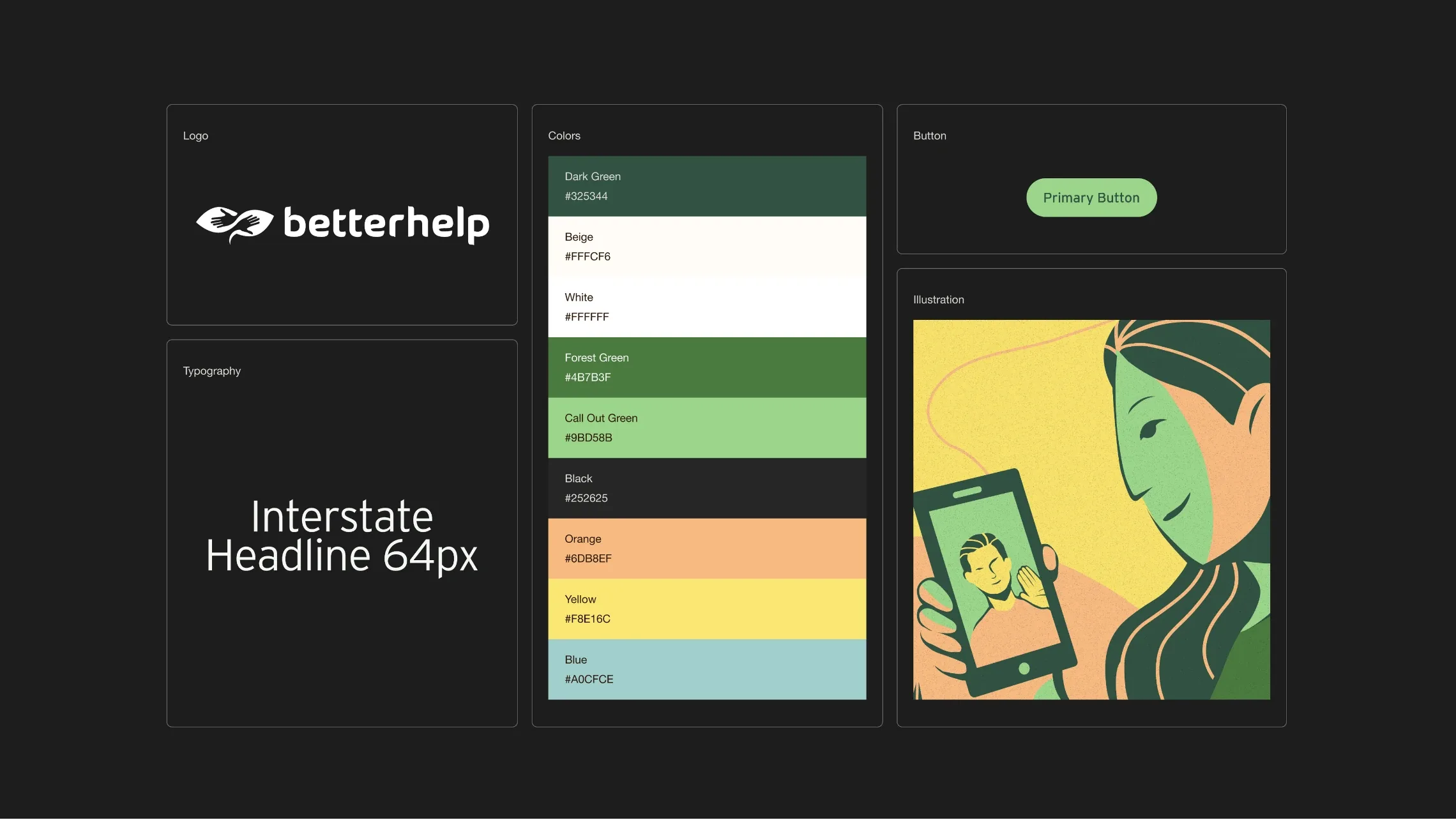 BetterHelp brand system: logo, Interstate typography, green and warm colour palette, buttons and illustration