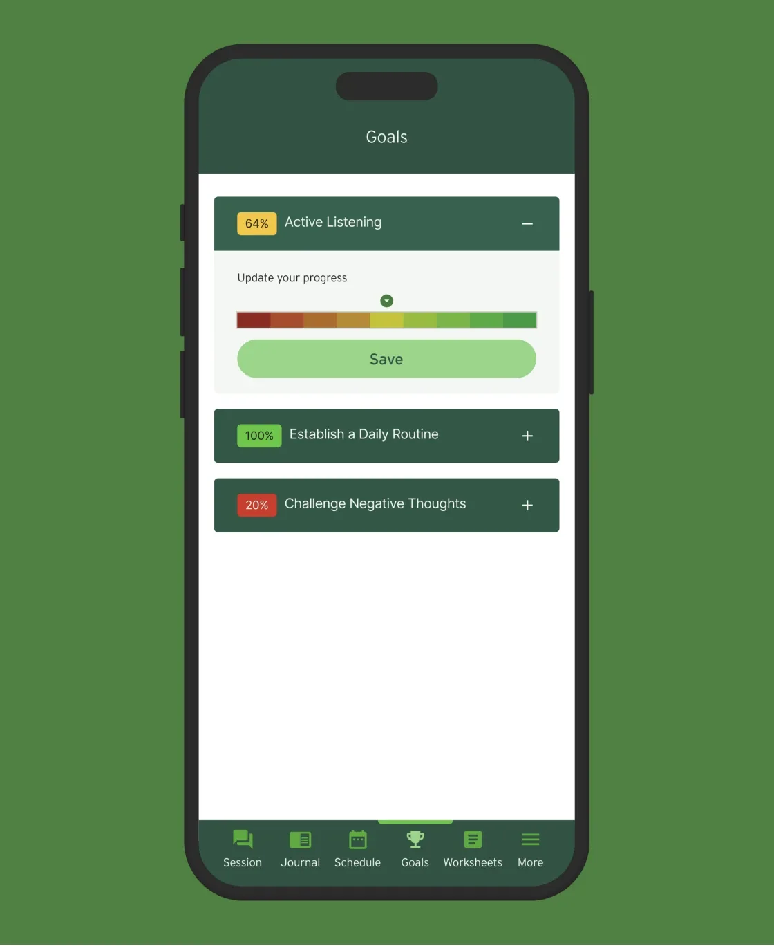 BetterHelp app goals screen on a phone against a green background