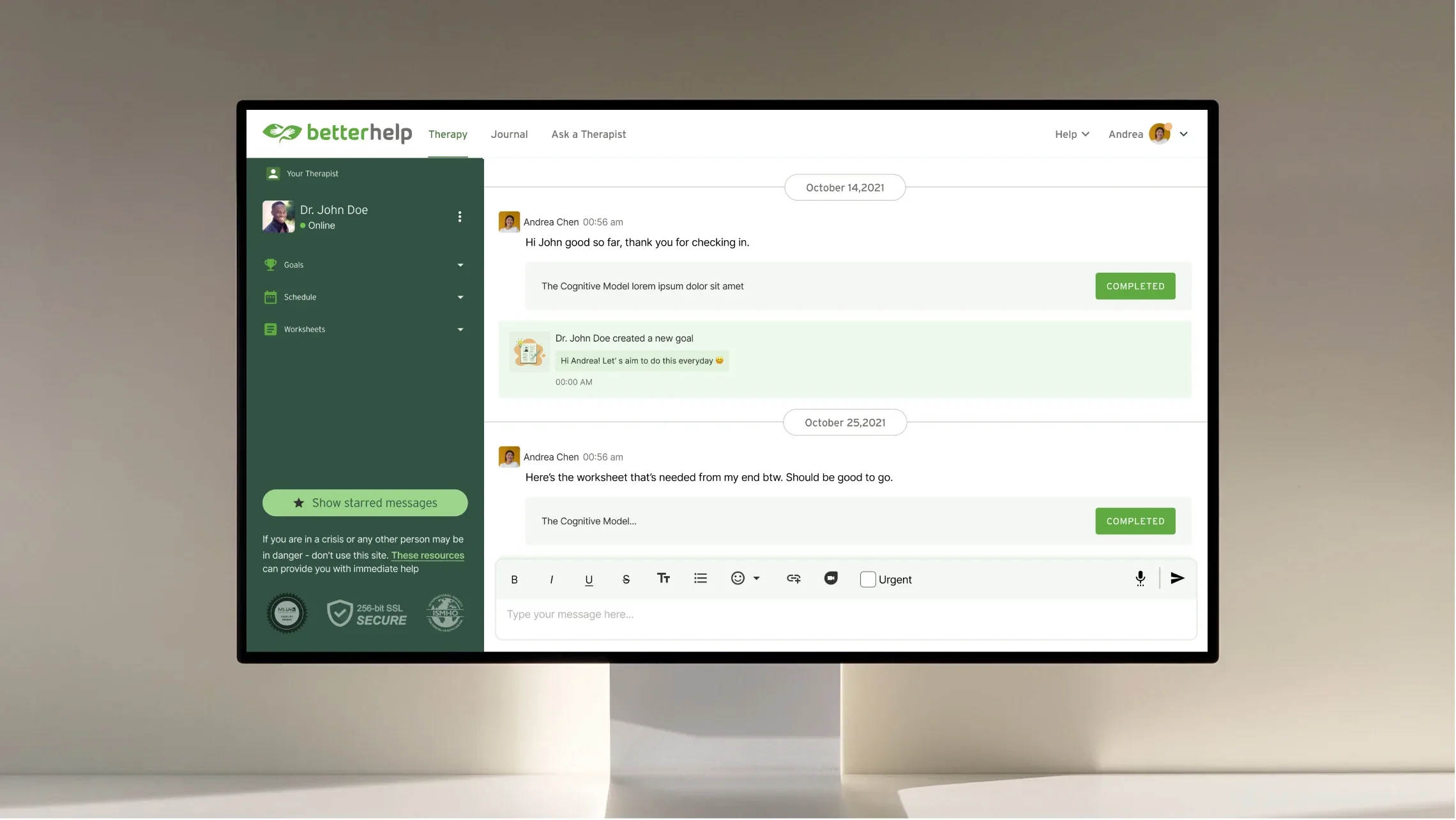 BetterHelp messaging dashboard shown on a desktop monitor