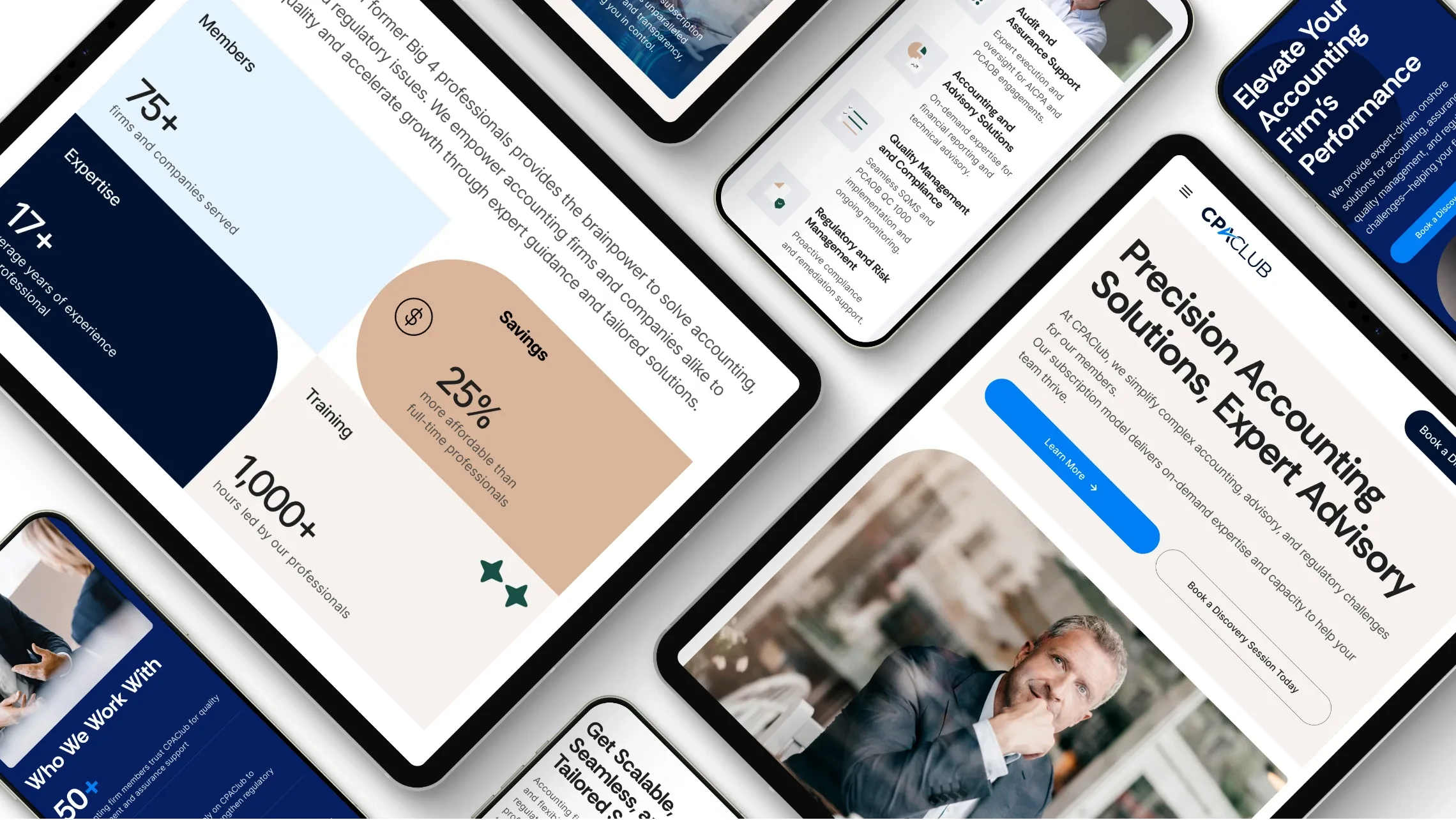 CPA Club website pages on angled phones and tablets, including “Precision accounting solutions”