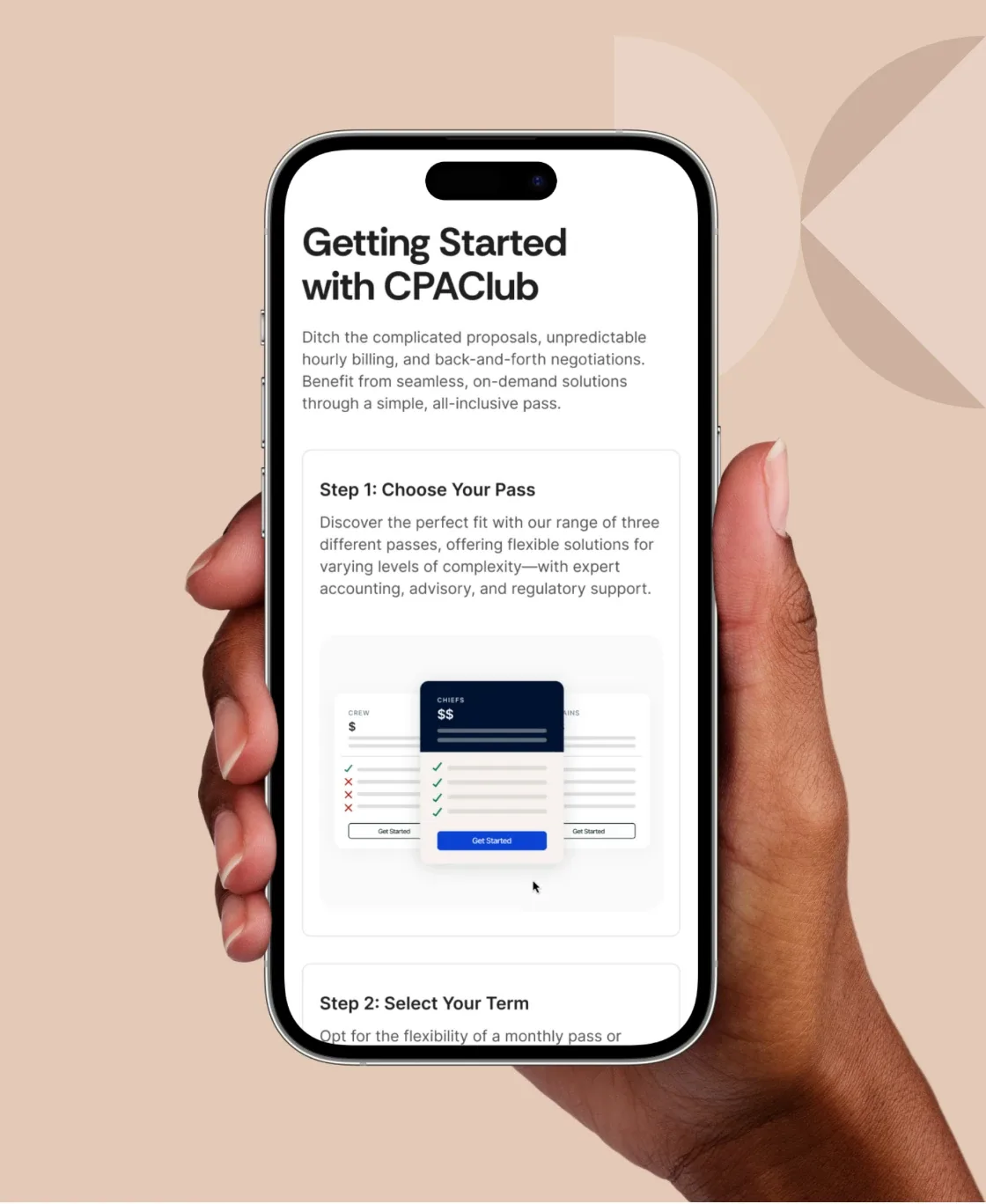 Hand holding a phone with the CPA Club “Getting started” page