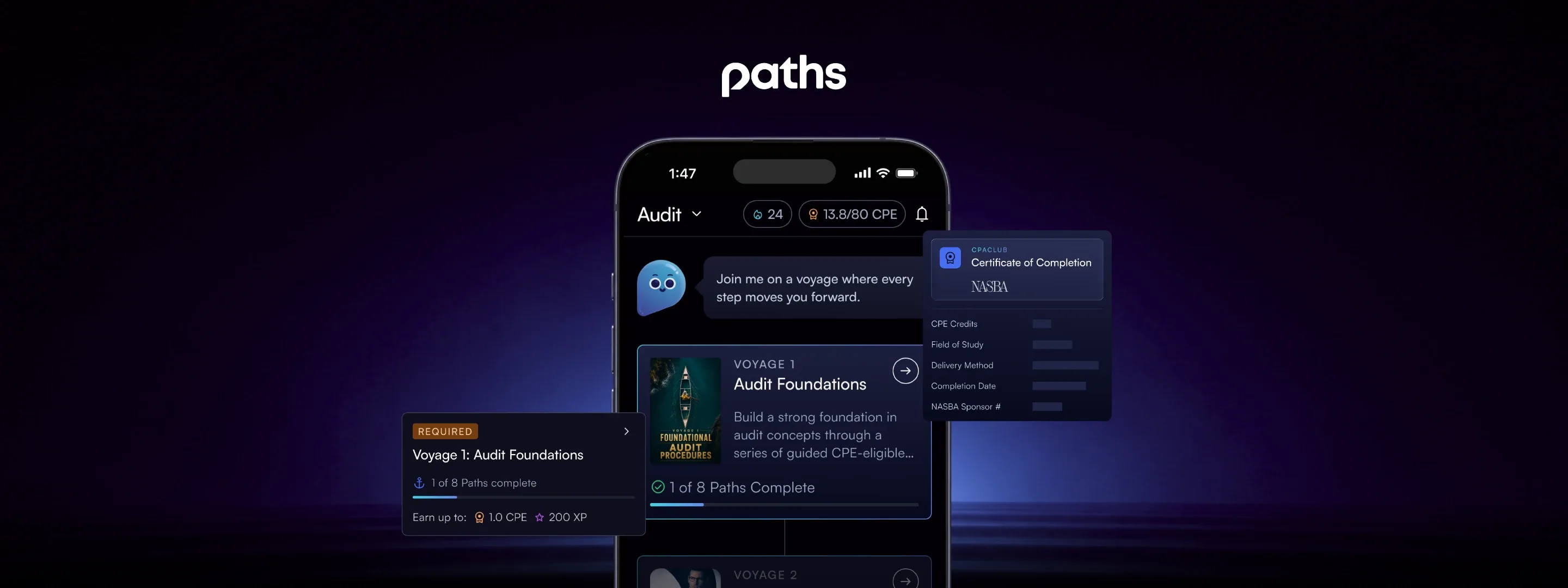 Paths app by CPAClub shown on a phone with course cards on a dark purple background