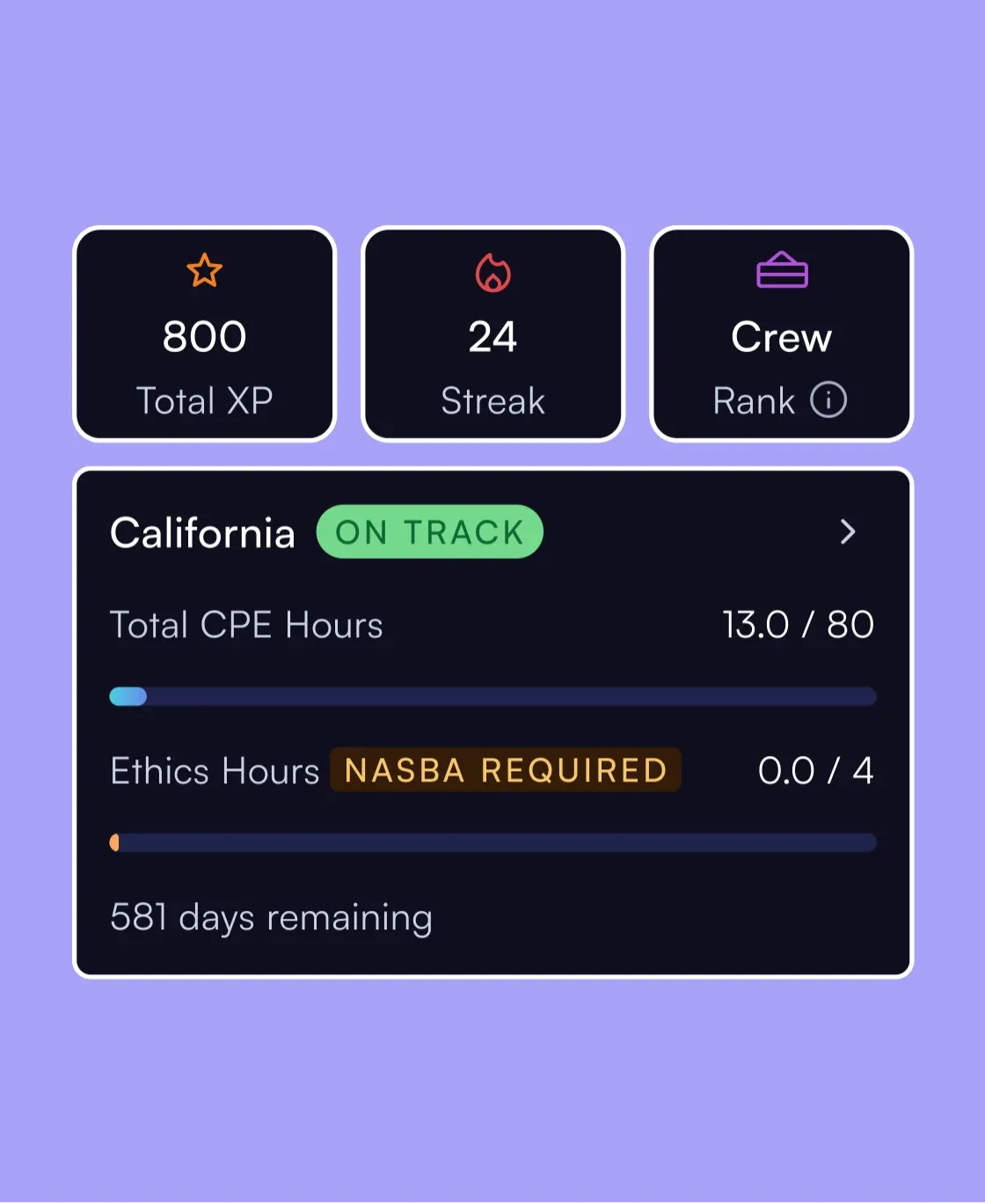 Paths app progress card with XP, streak, crew rank and California CPE hours