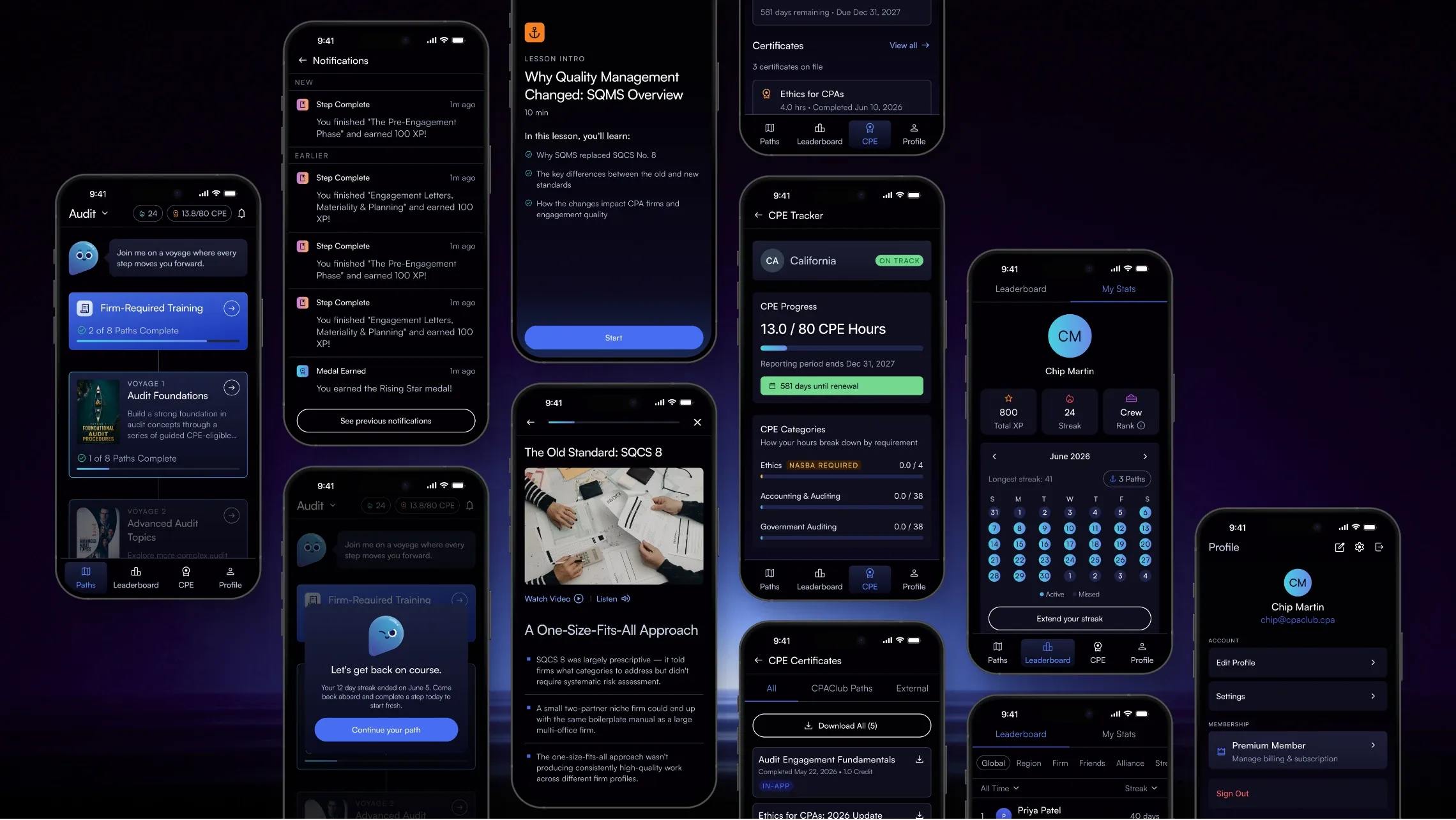 Grid of Paths app screens for CPE courses, voyages and progress tracking