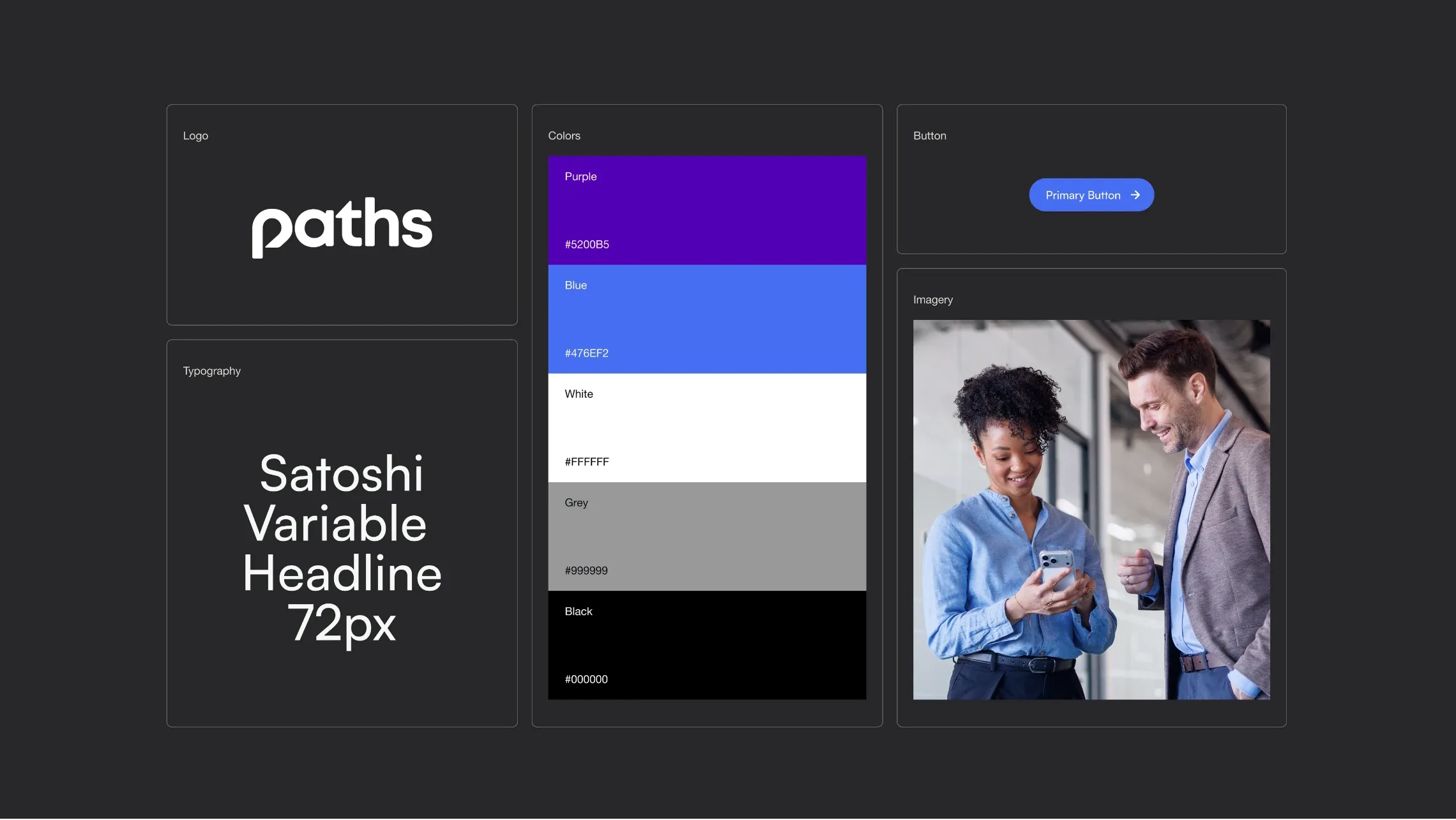 Paths brand system: logo, Satoshi typography, purple and blue colour palette, buttons and photography