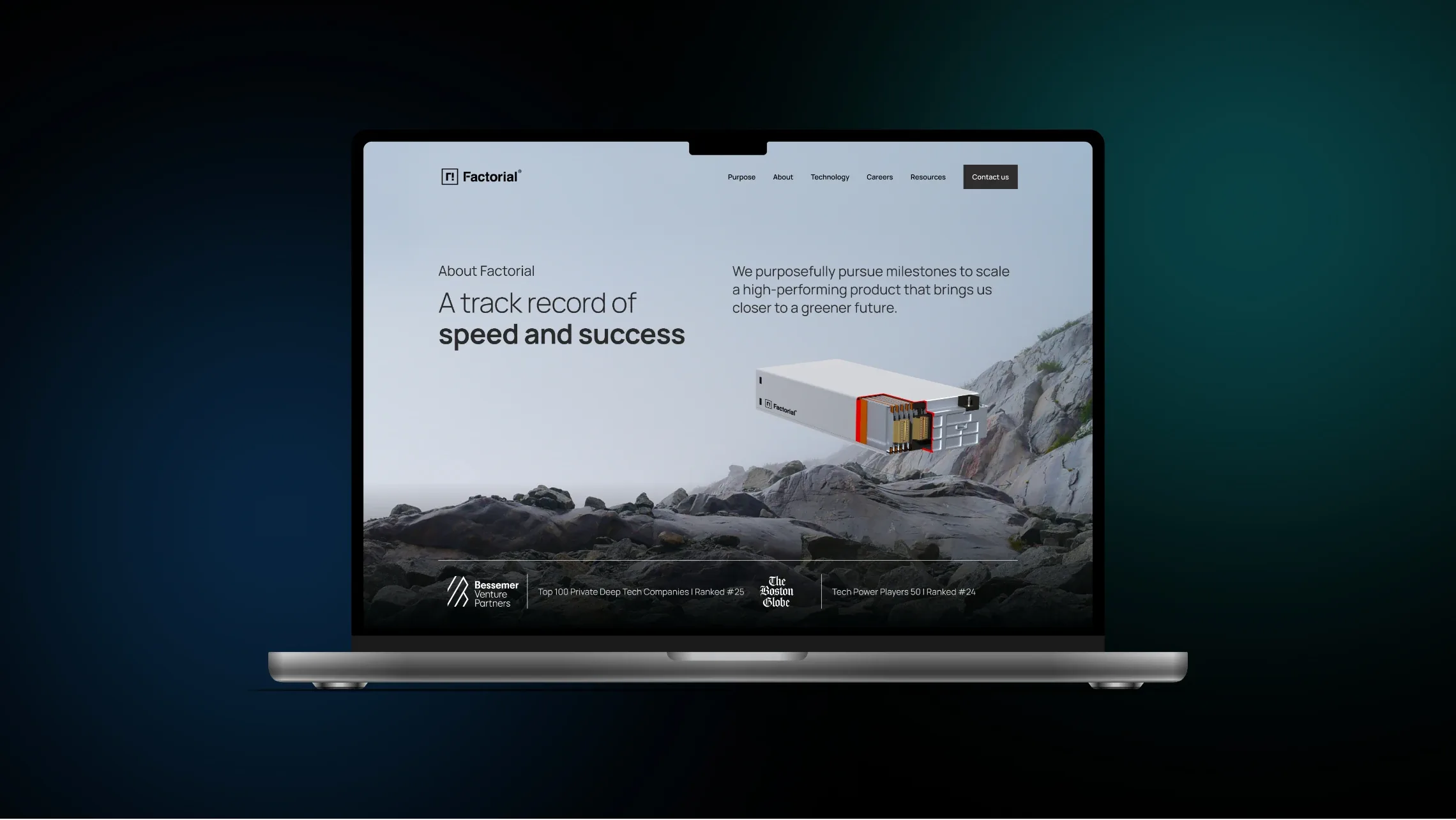 Factorial website homepage, “A track record of speed and success”, on a laptop