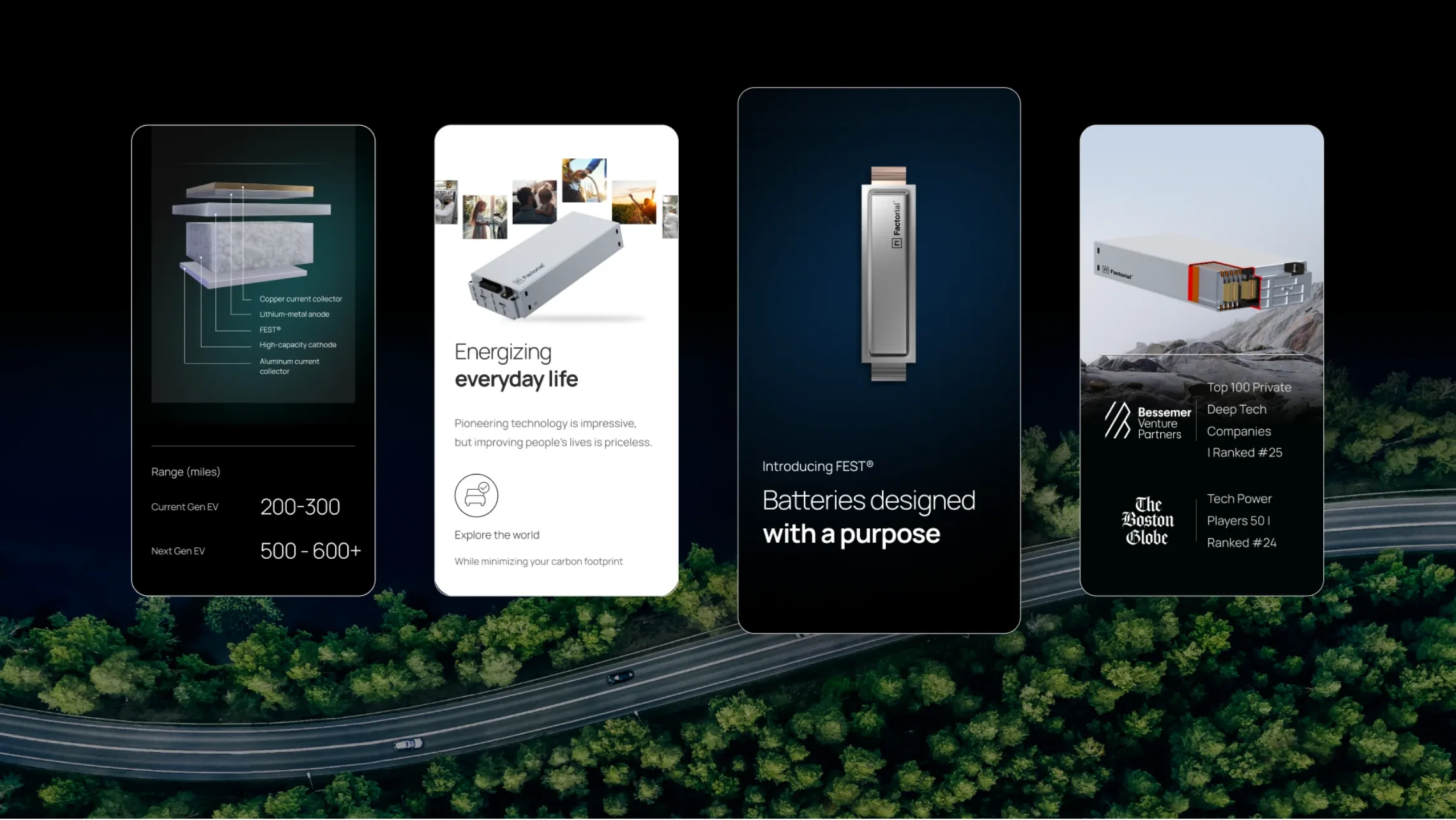 Factorial mobile pages about solid-state batteries over an aerial forest road