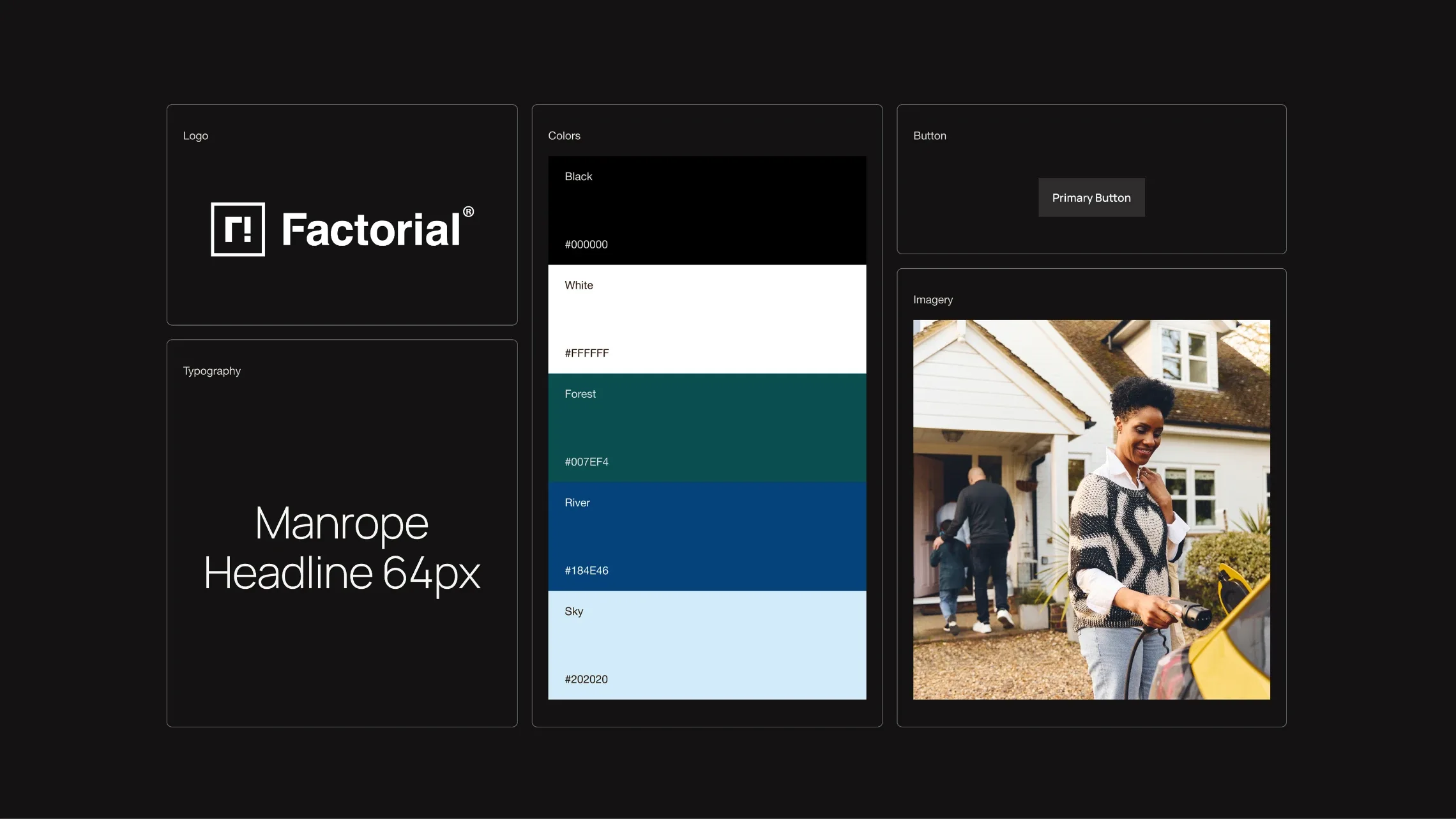 Factorial brand system: logo, Manrope typography, dark green and blue colour palette, buttons and photography