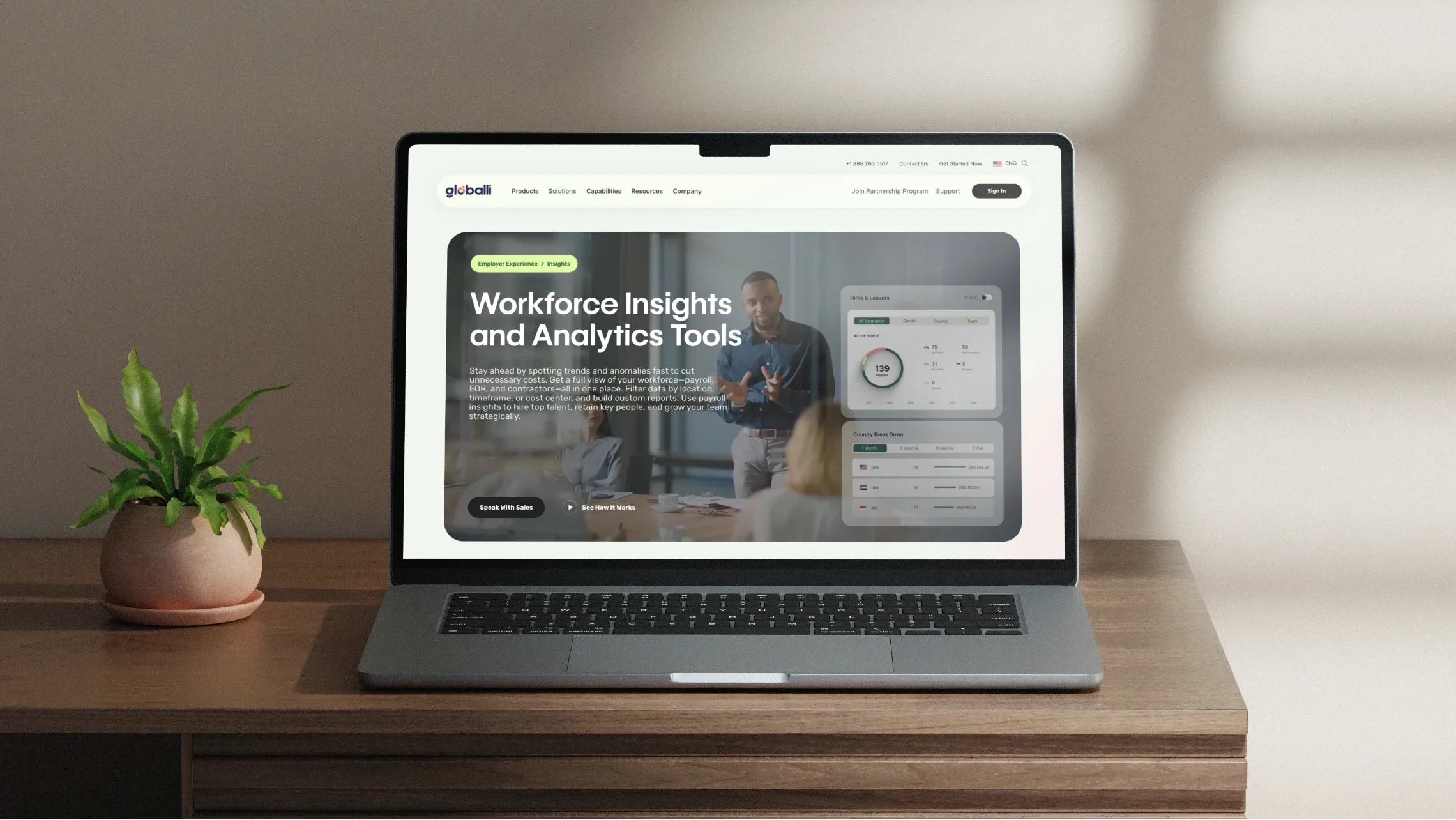 Globalli website, “Workforce insights and analytics tools”, on a laptop