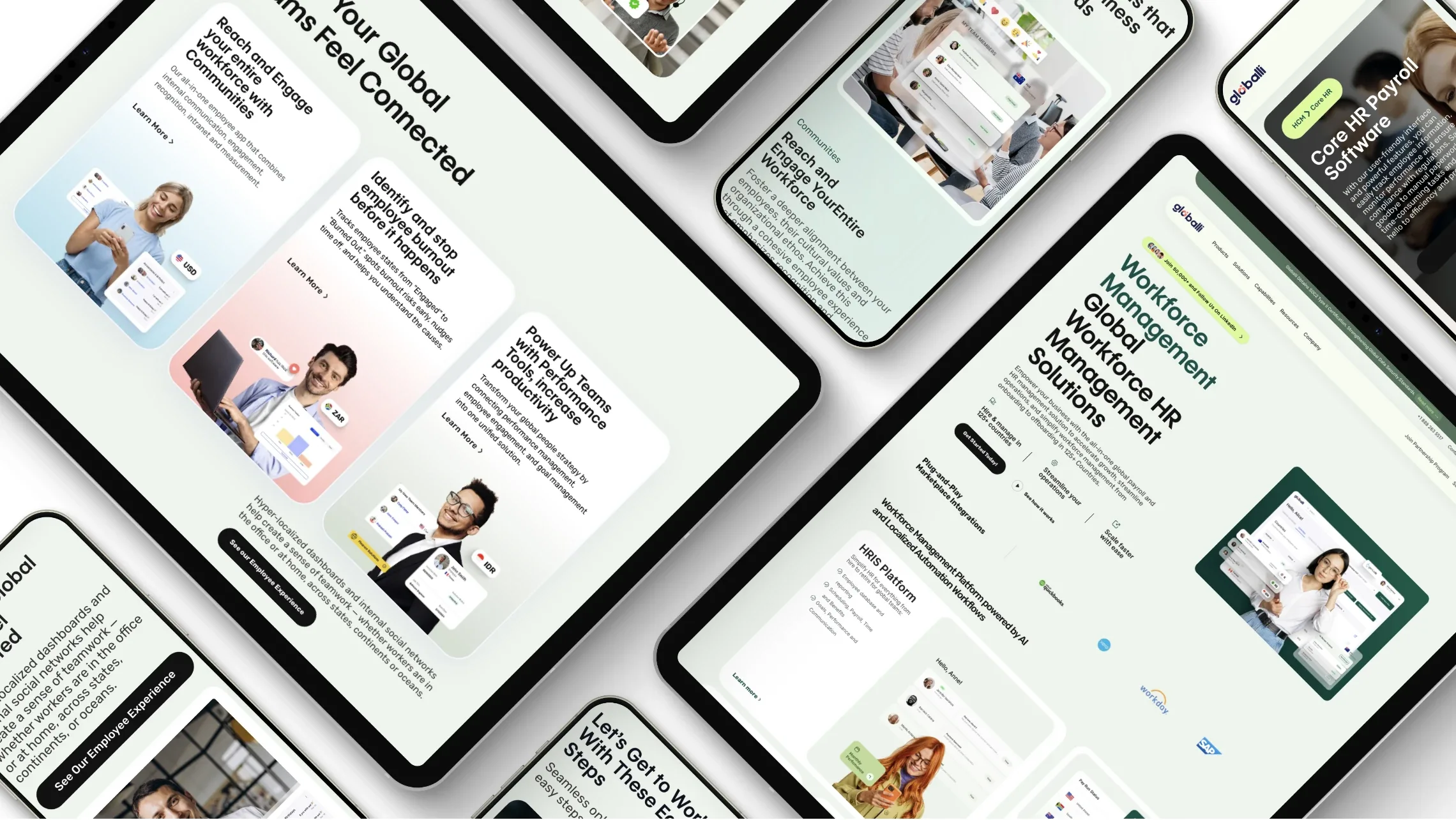 Globalli website pages on angled tablets and phones