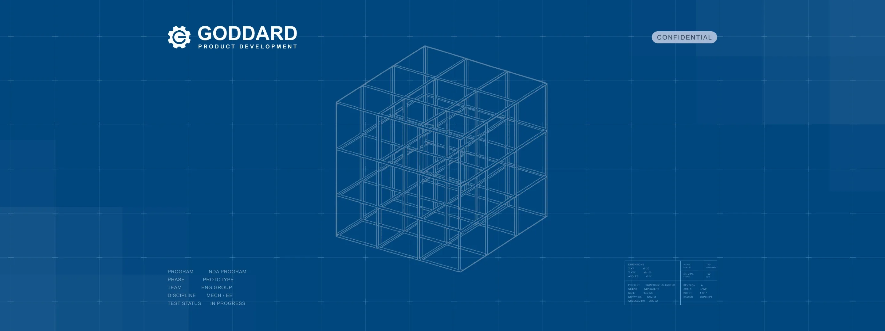 Goddard Product Development logo with a wireframe cube on a blue background