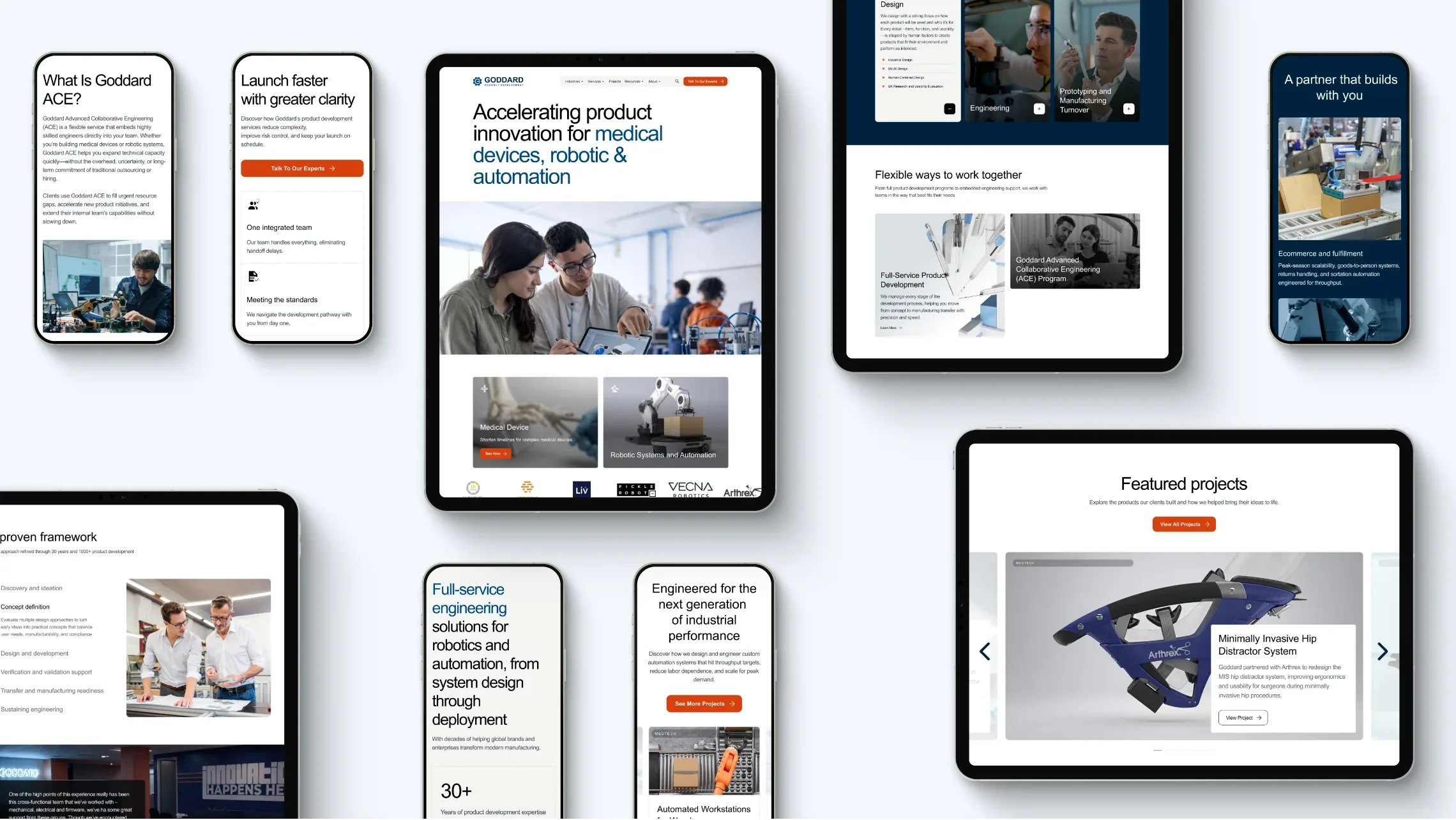Goddard website pages on phones and tablets, including accelerating product innovation for medical devices