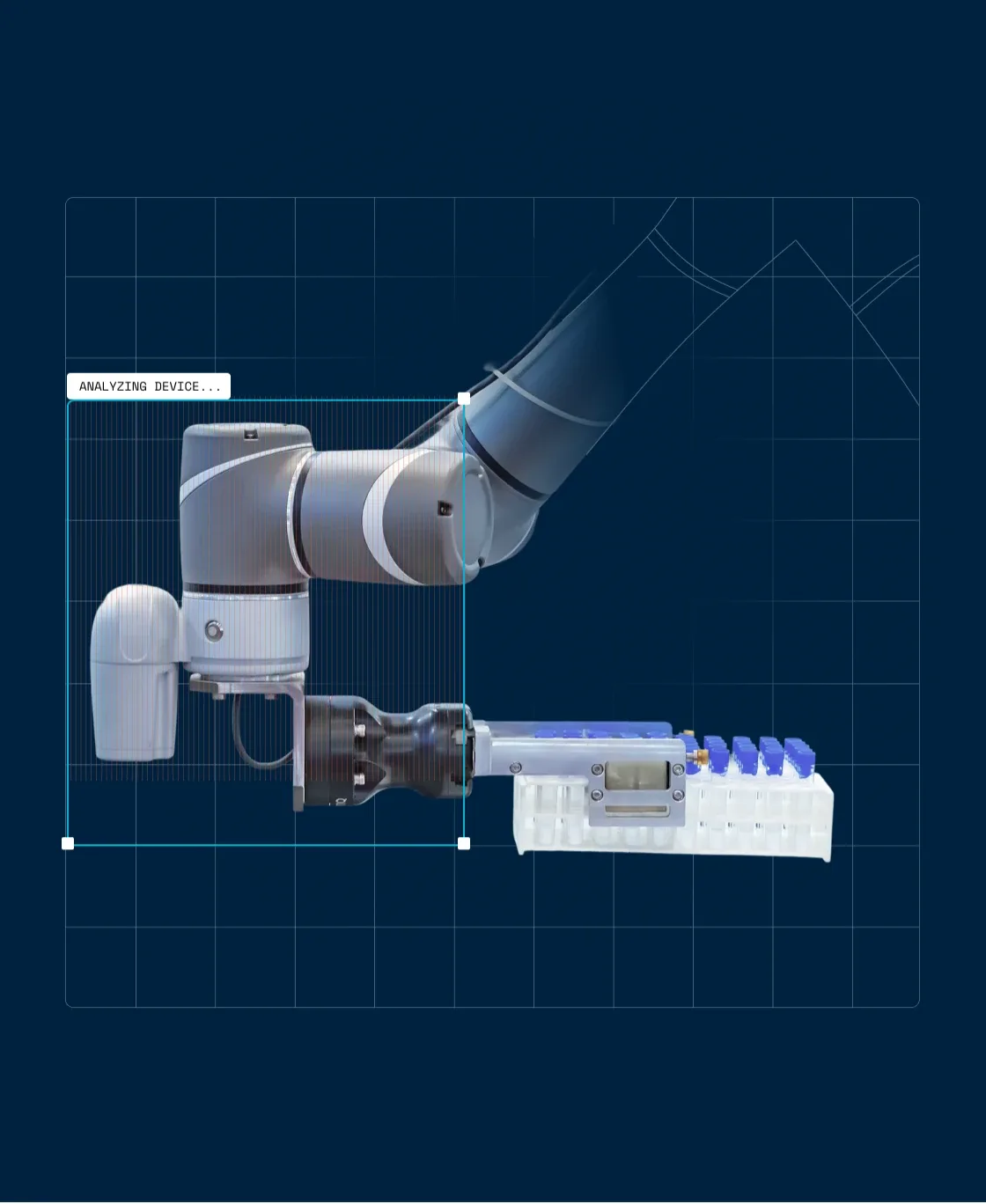 Robotic arm handling lab samples over a blue blueprint grid