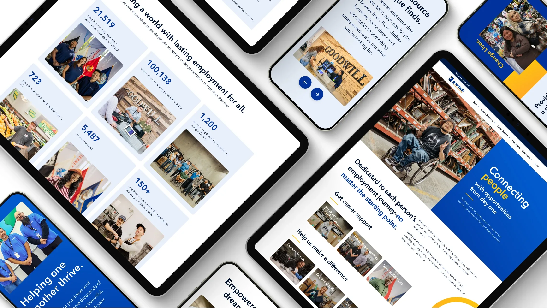 Goodwill OC website pages on angled tablets and phones