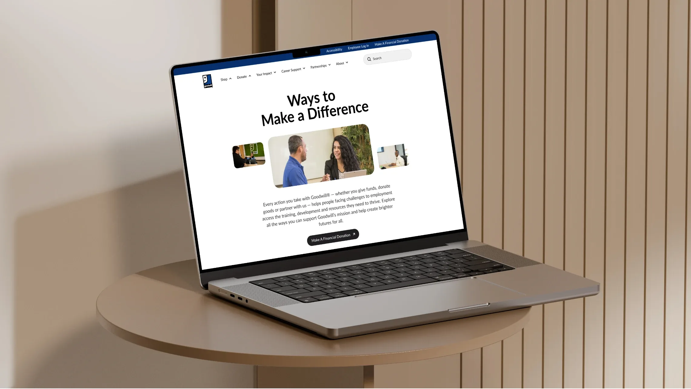 Goodwill “Ways to make a difference” page on a laptop on a small round table