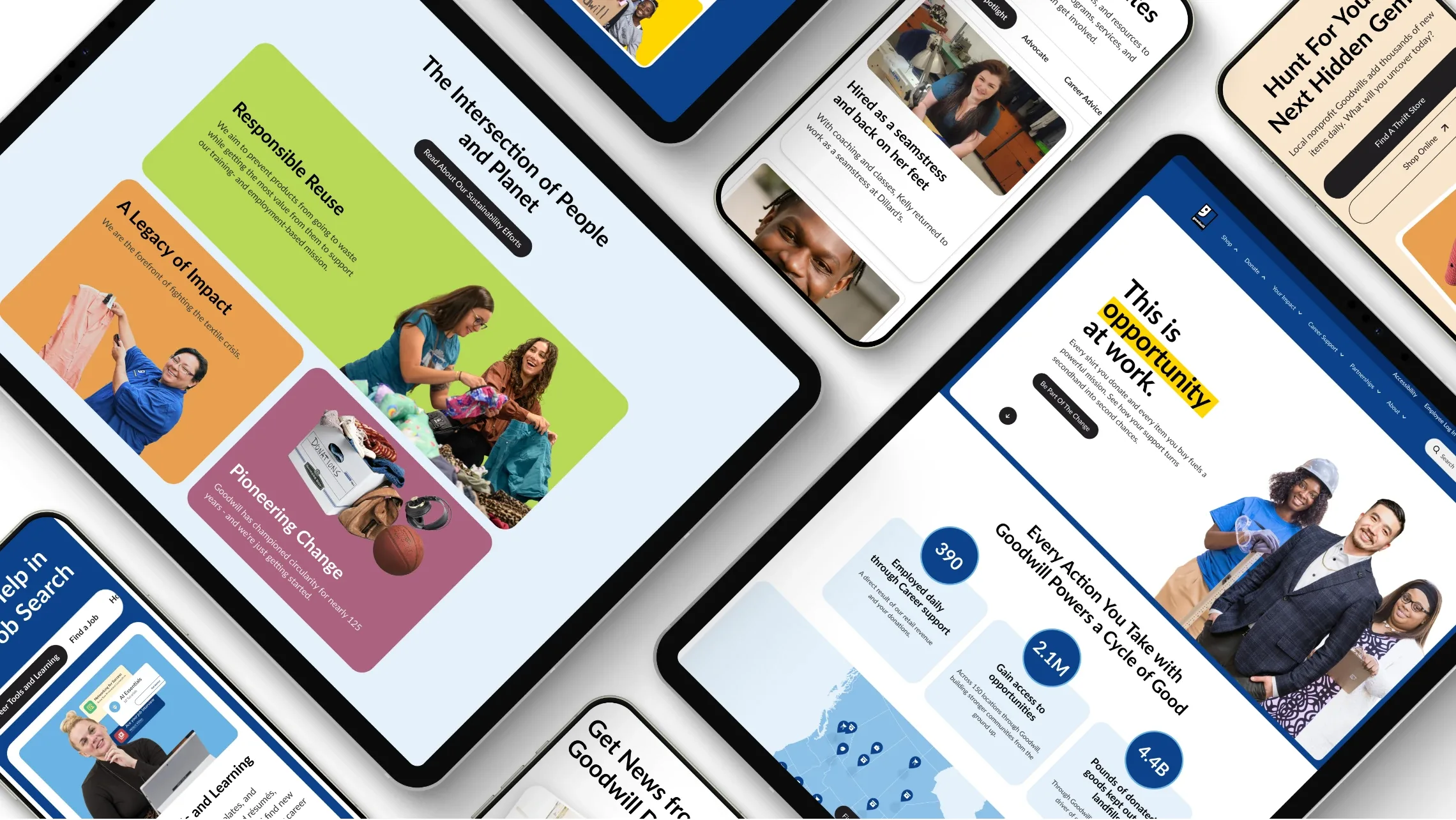 Goodwill website pages on angled phones and tablets