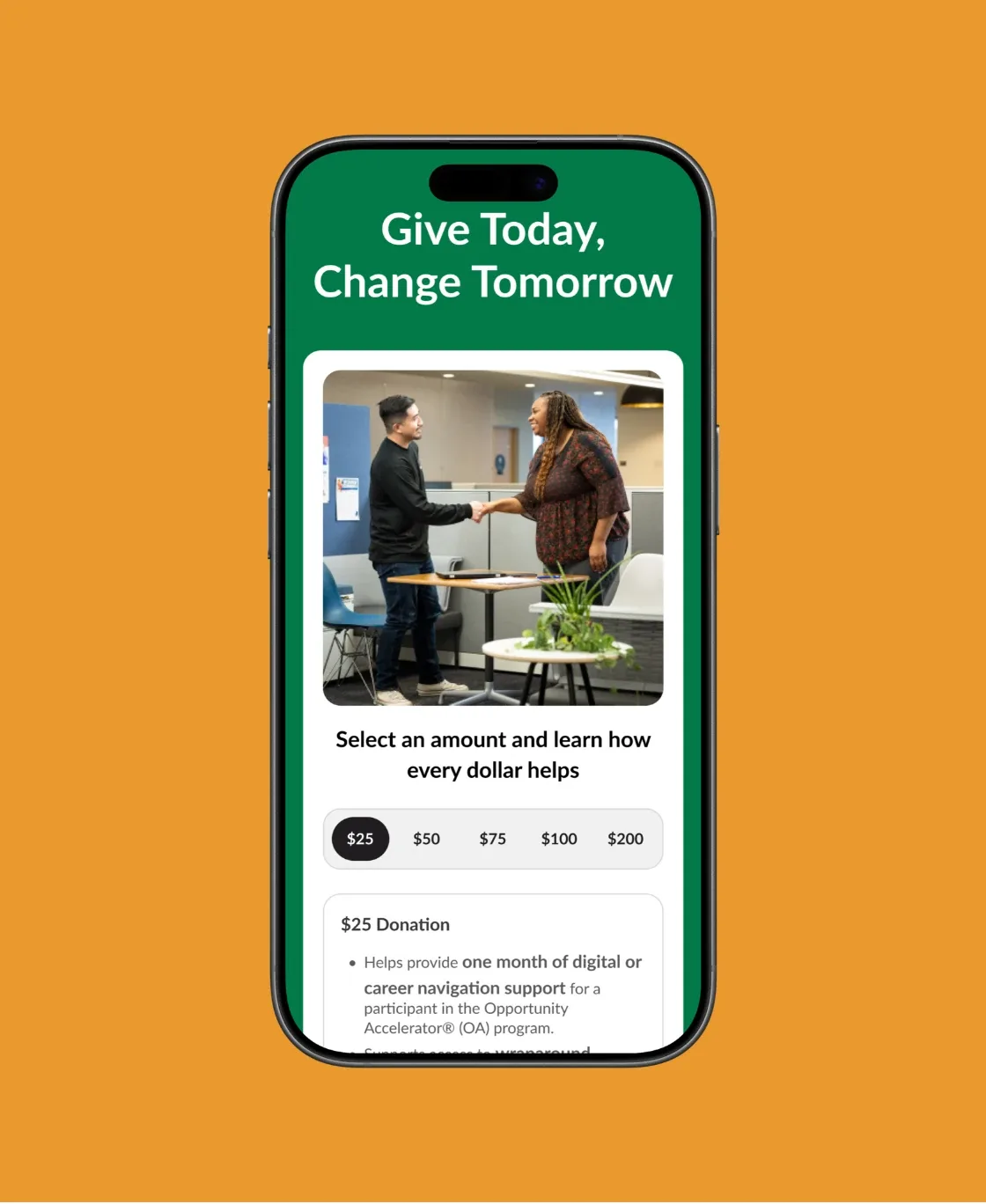 Goodwill mobile page “Give today, change tomorrow” with donation amounts