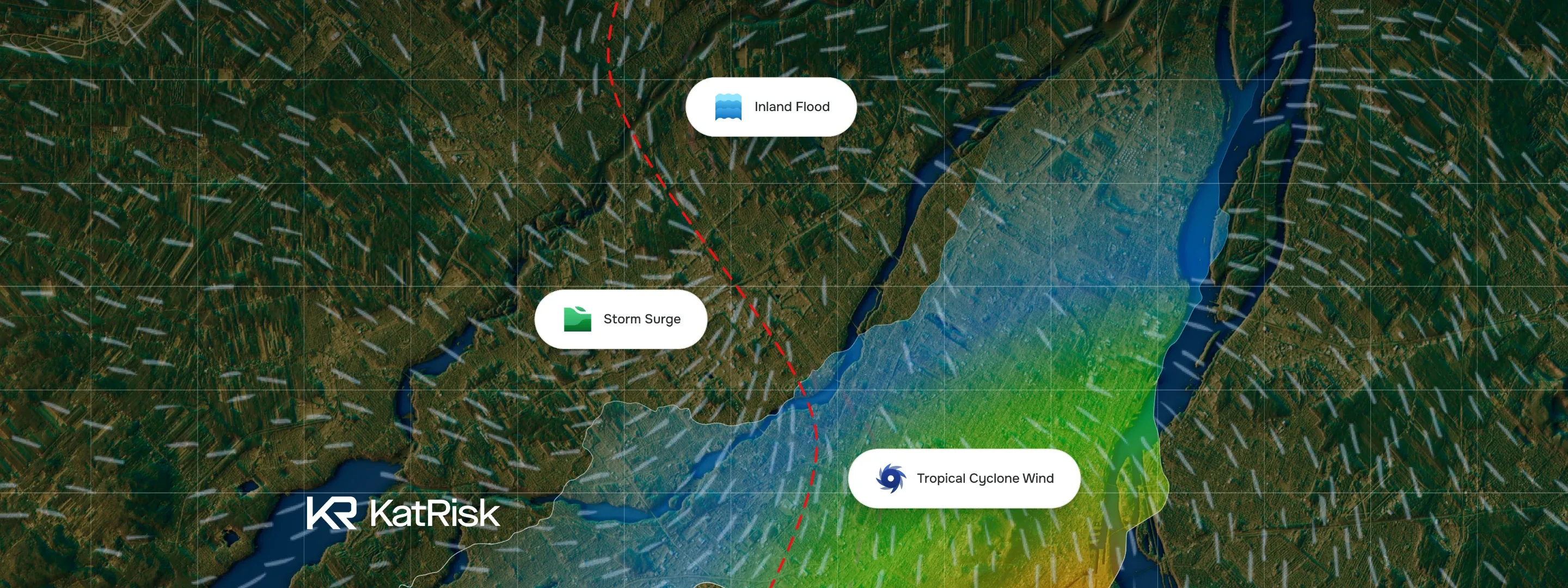 KatRisk flood model map of a river delta with inland flood, storm surge and tropical cyclone labels