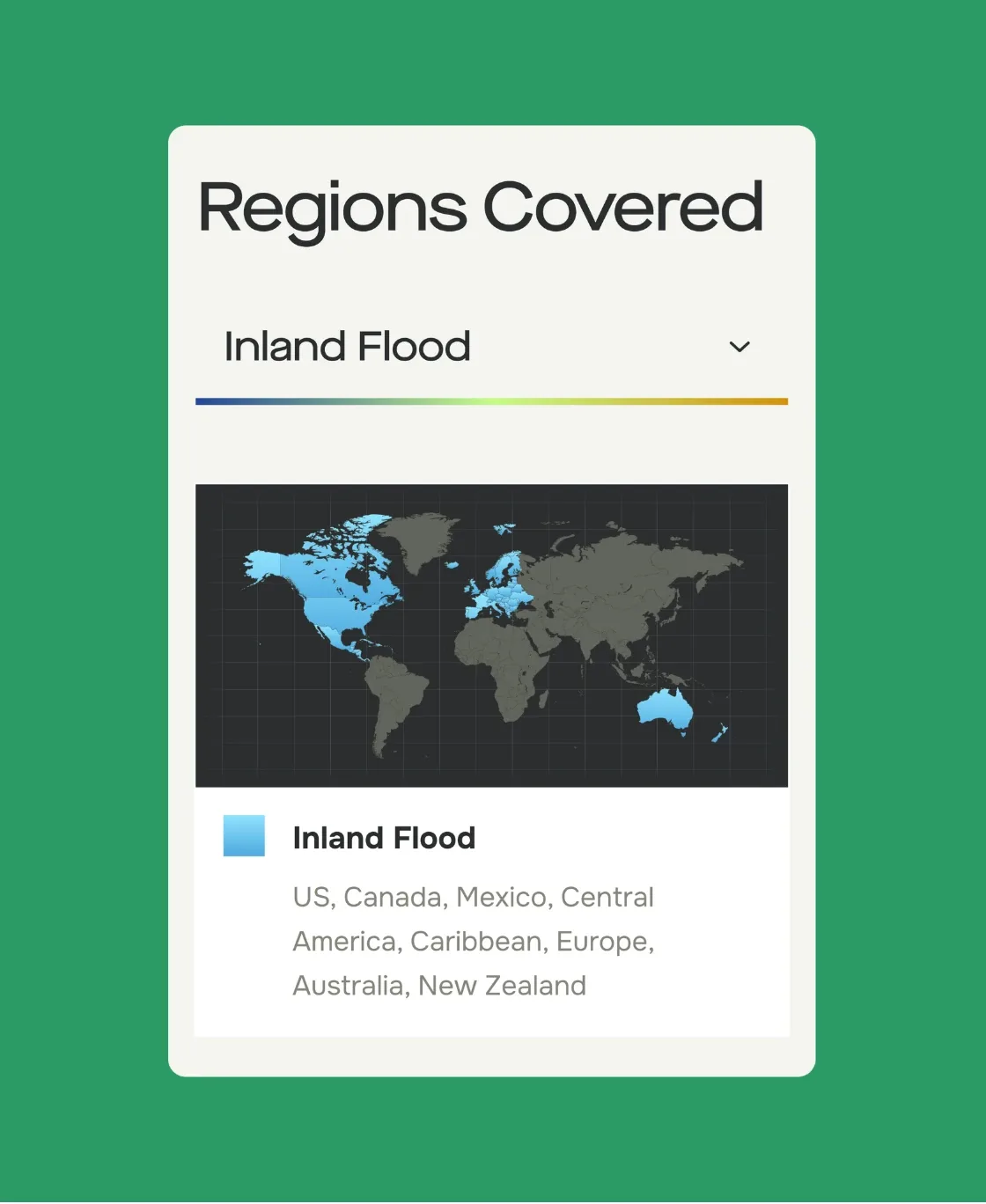 KatRisk “Regions covered” card with an inland flood world map