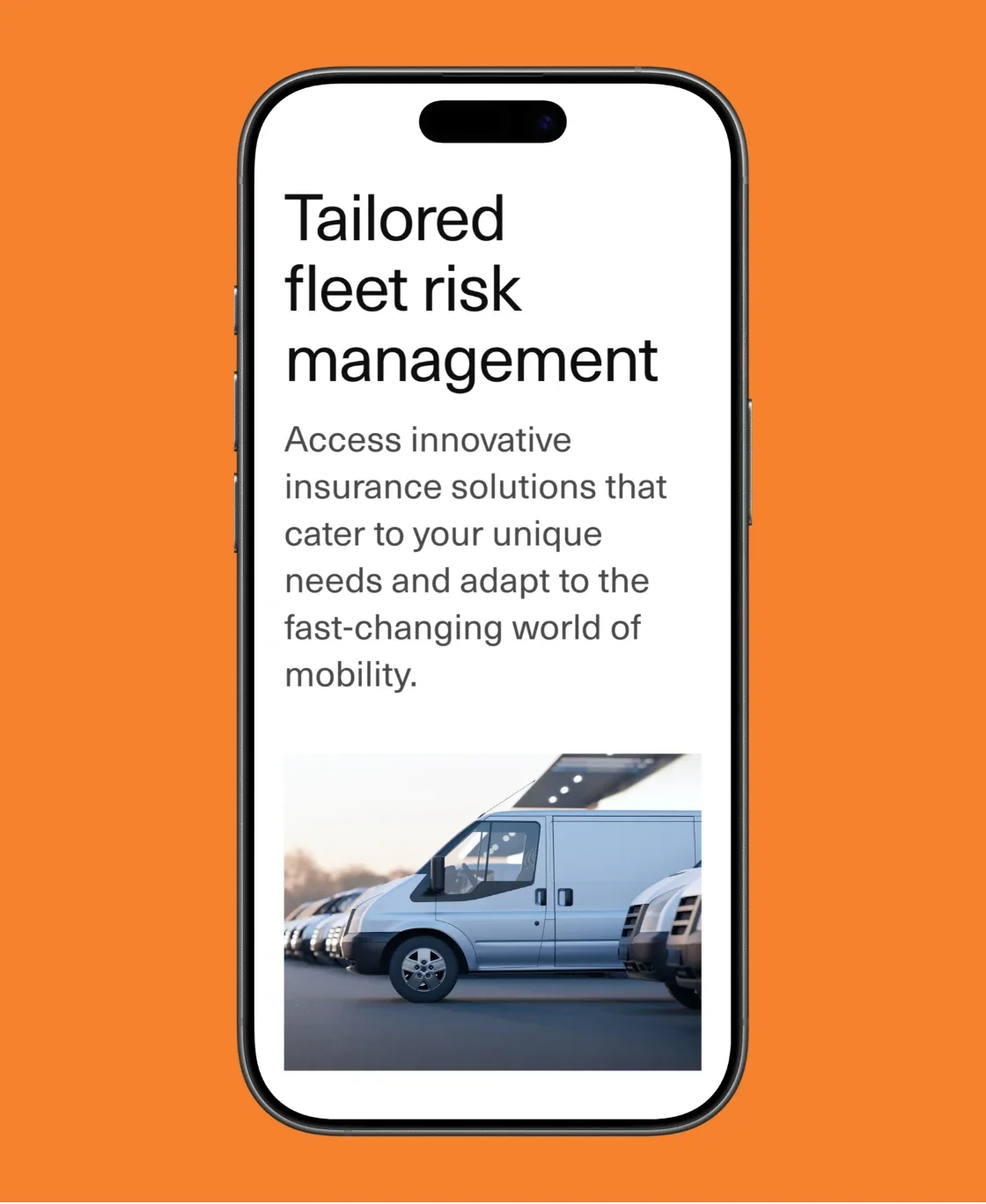 MOTER mobile page “Tailored fleet risk management” on orange