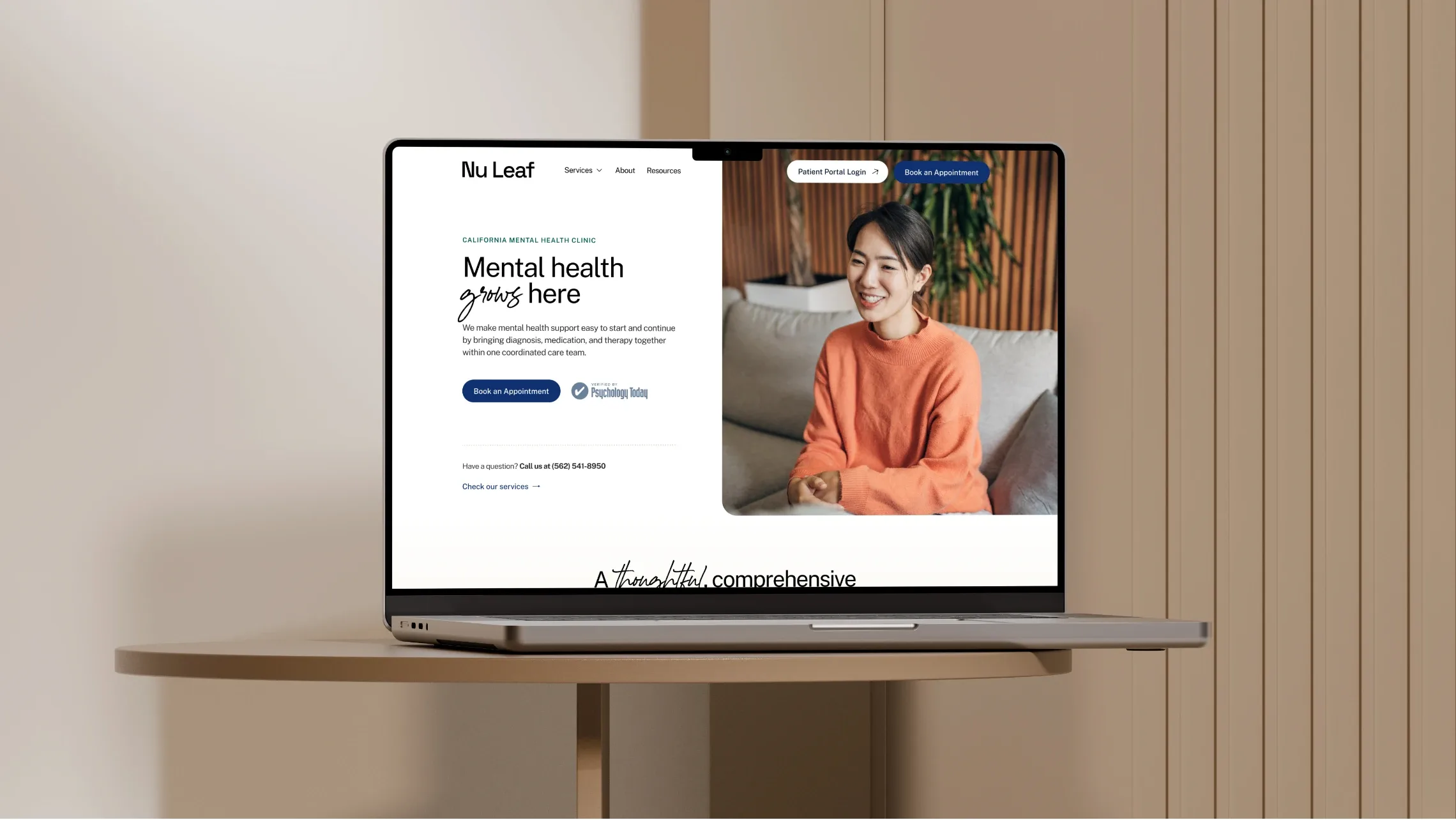 Nu Leaf homepage, “Mental health grows here”, on a laptop