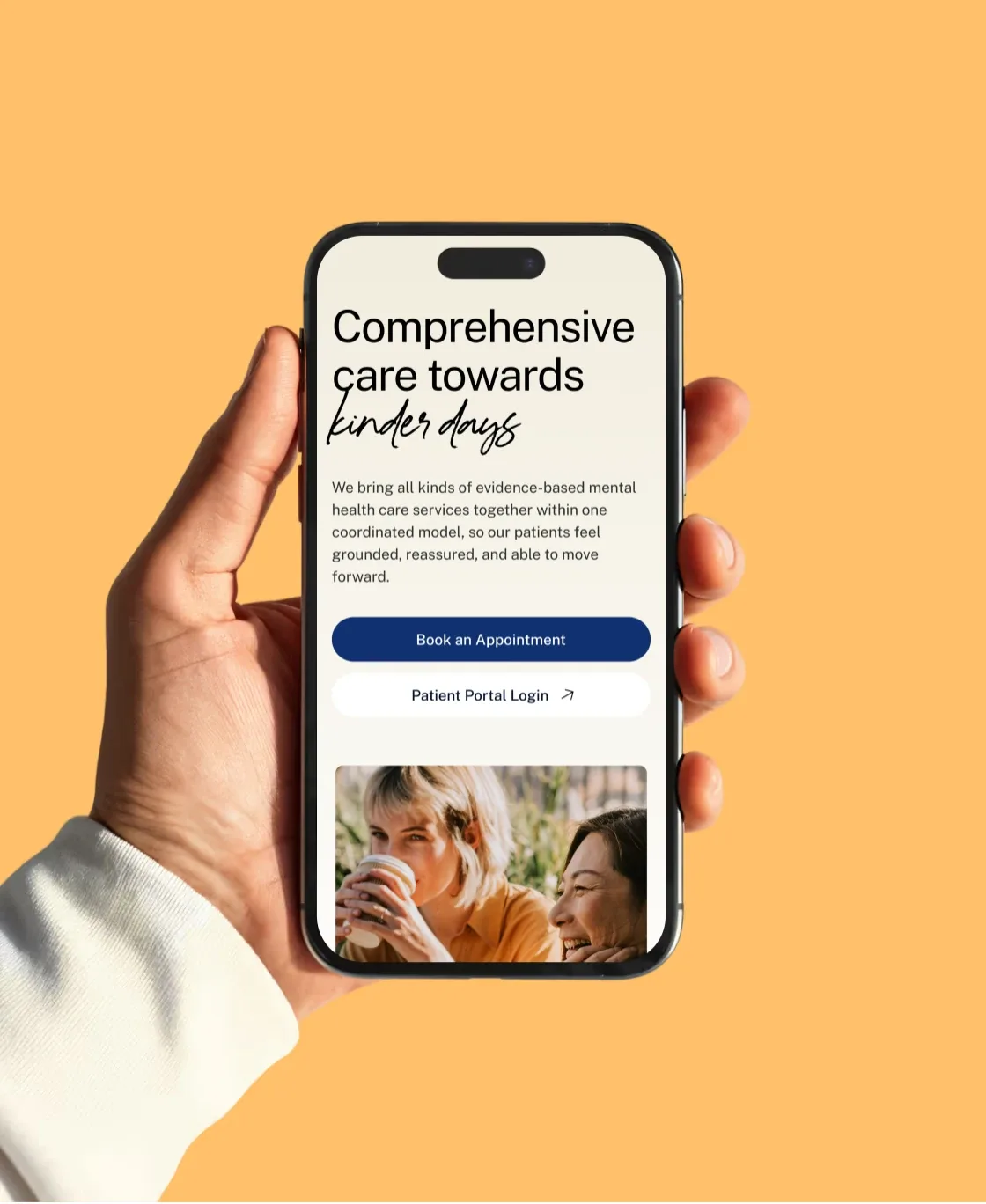 Hand holding a phone with the Nu Leaf page “Comprehensive care towards kinder days”