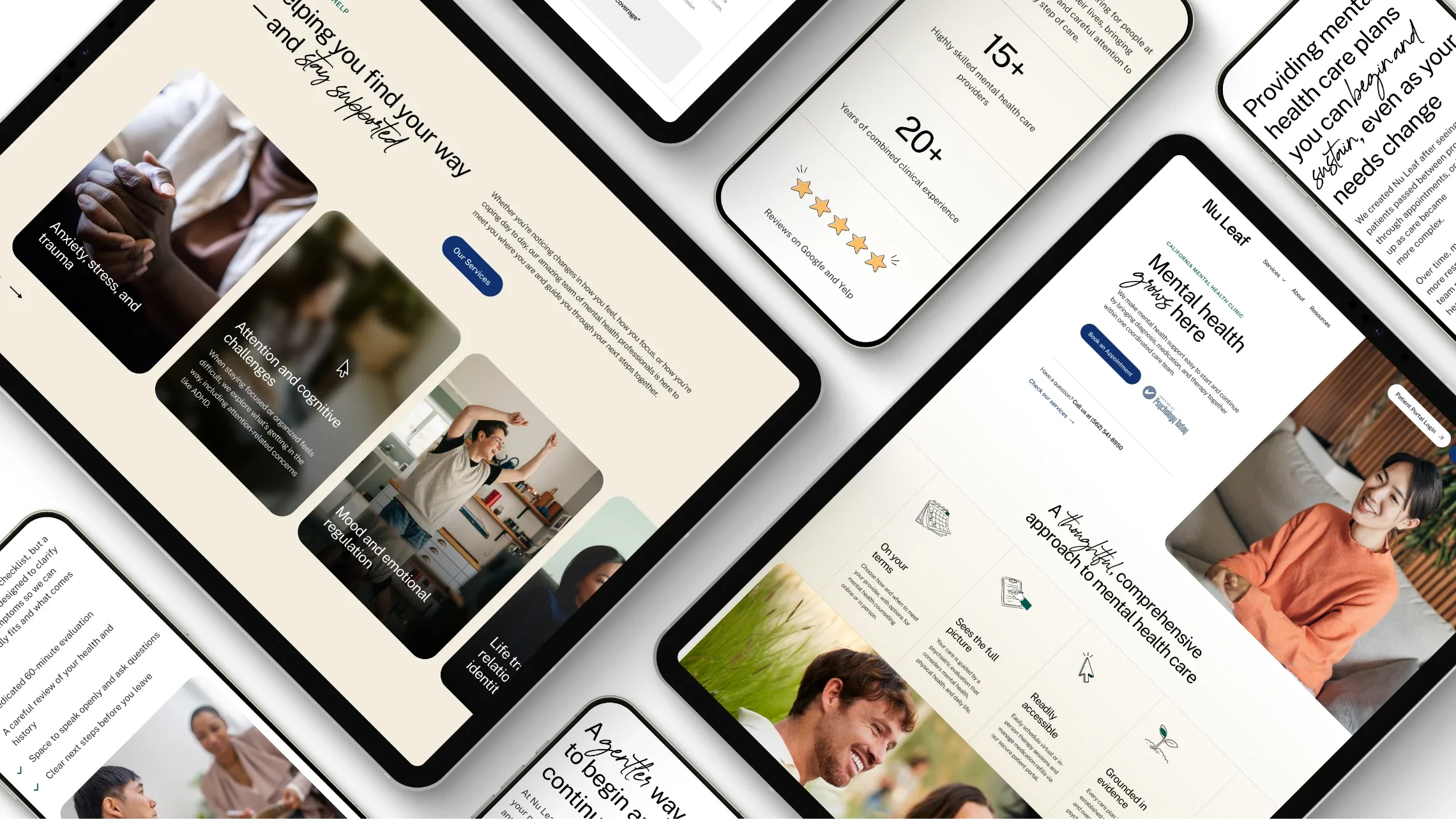 Nu Leaf website pages on angled tablets and phones
