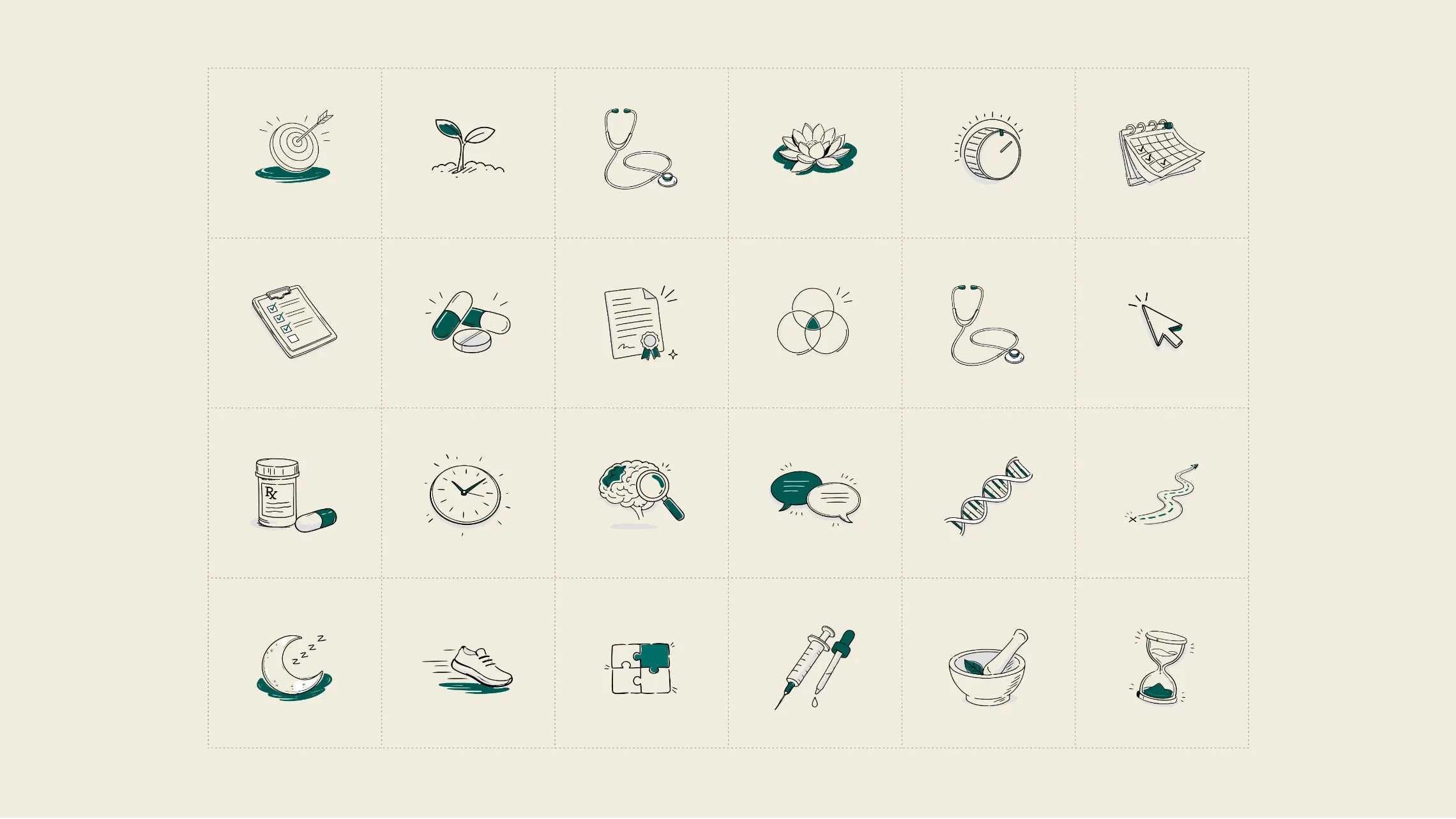 Set of hand-drawn Nu Leaf icons for care, medication and wellbeing