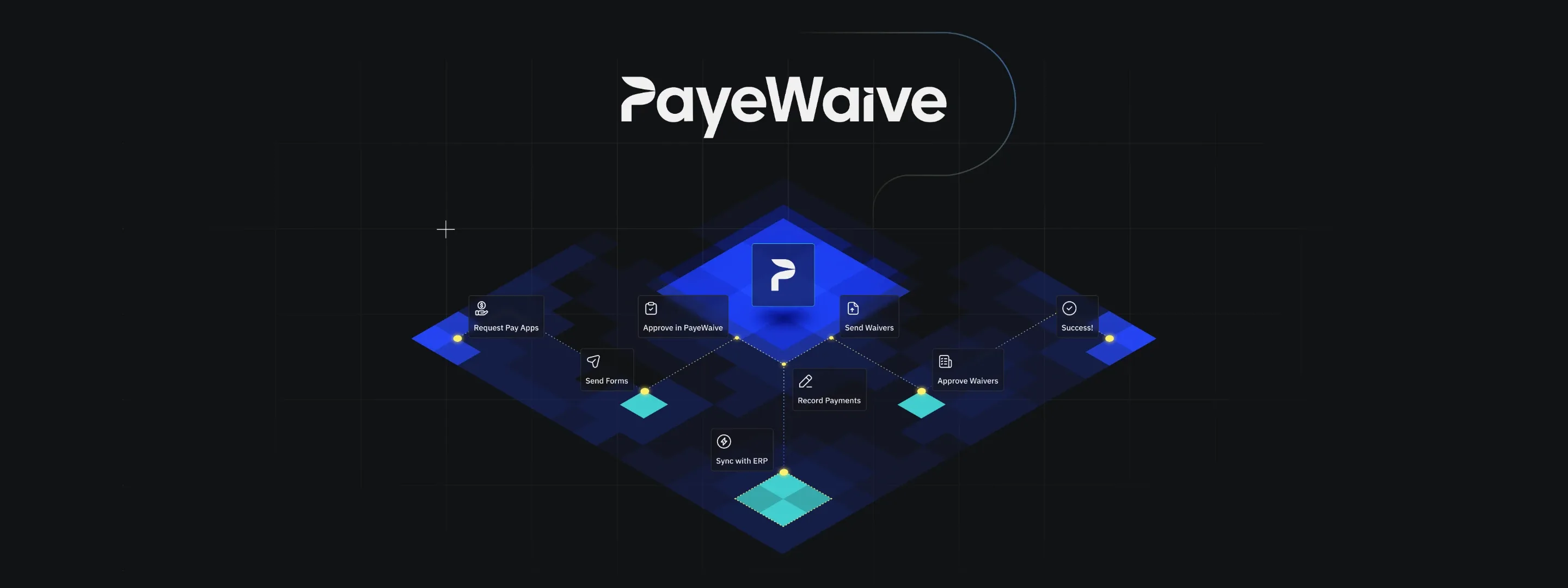 PayeWaive logo above a glowing blue isometric platform on black