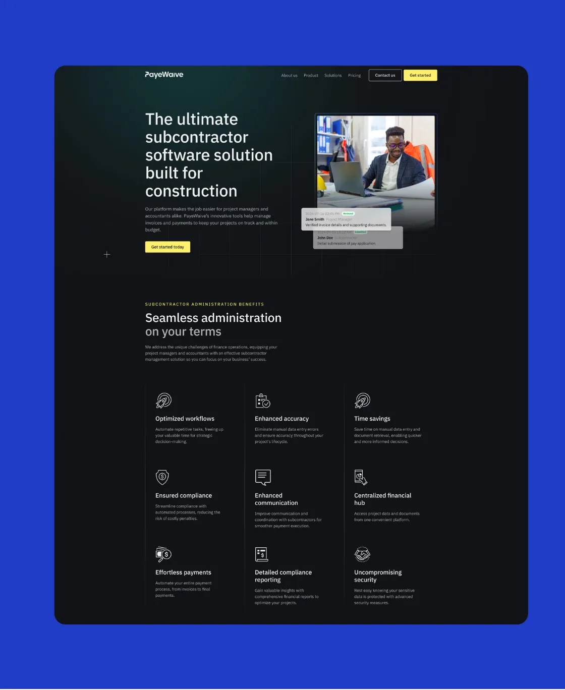 PayeWaive homepage: the ultimate subcontractor software solution built for construction