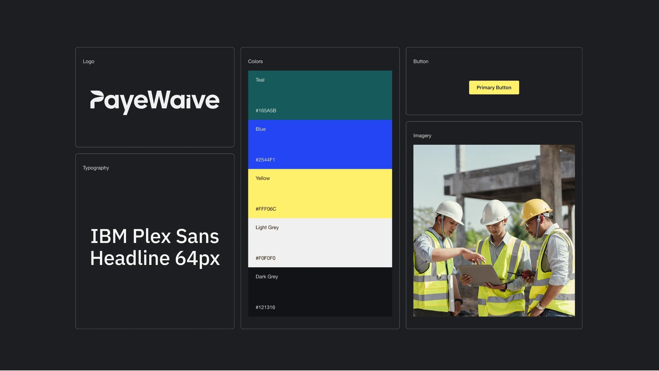 PayeWaive brand system: logo, IBM Plex Sans typography, teal, blue and yellow colour palette, buttons and photography