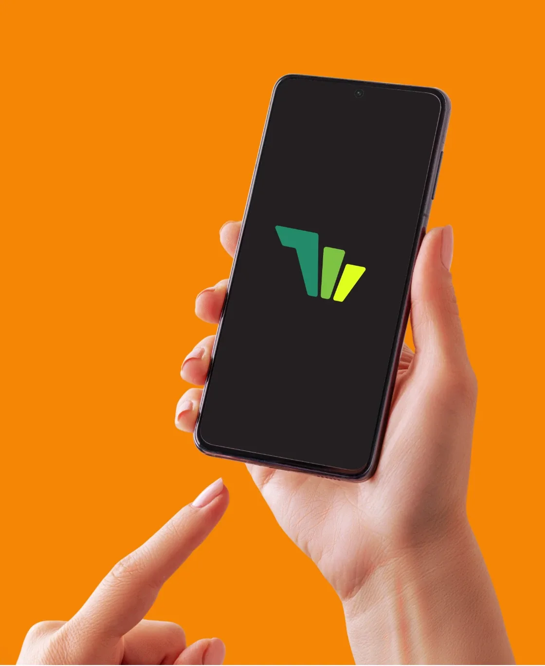 Hand holding a phone with the Realtime logo on orange