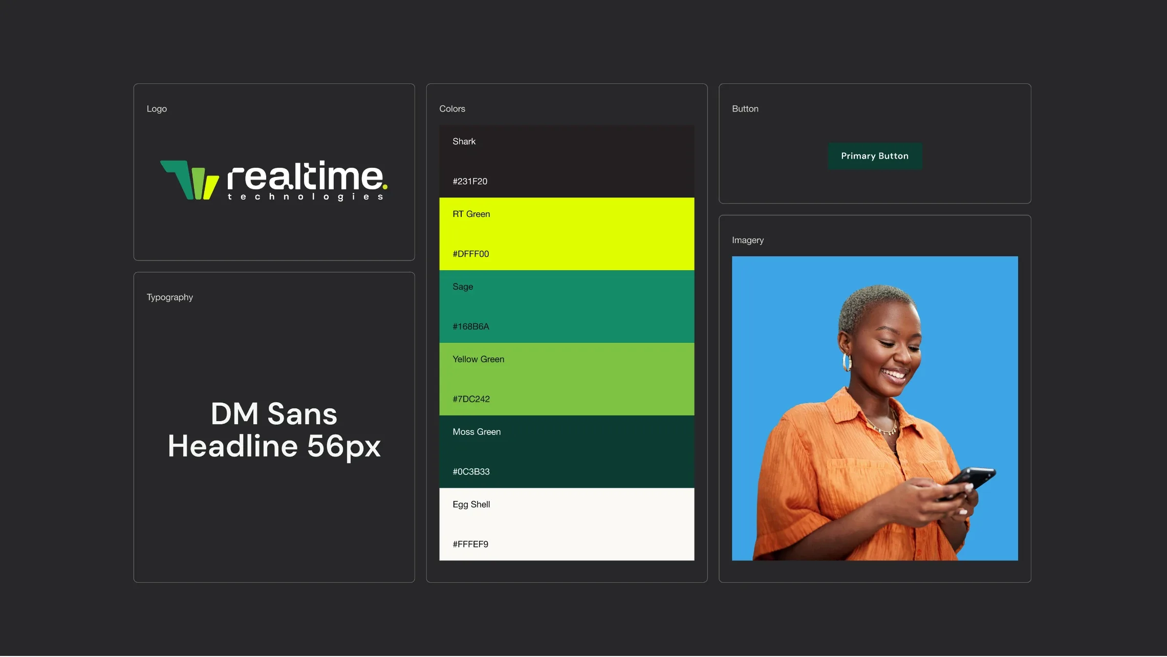 Realtime brand system: logo, DM Sans typography, green and lime colour palette, buttons and photography