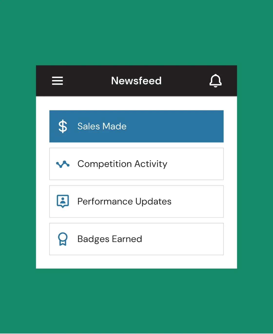 Realtime app newsfeed with sales, competition activity, performance updates and badges