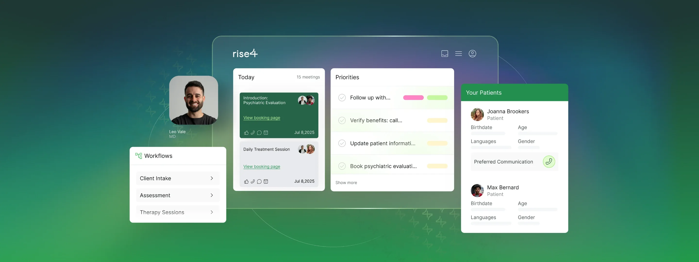 Rise4 patient workflow dashboard cards on a green gradient