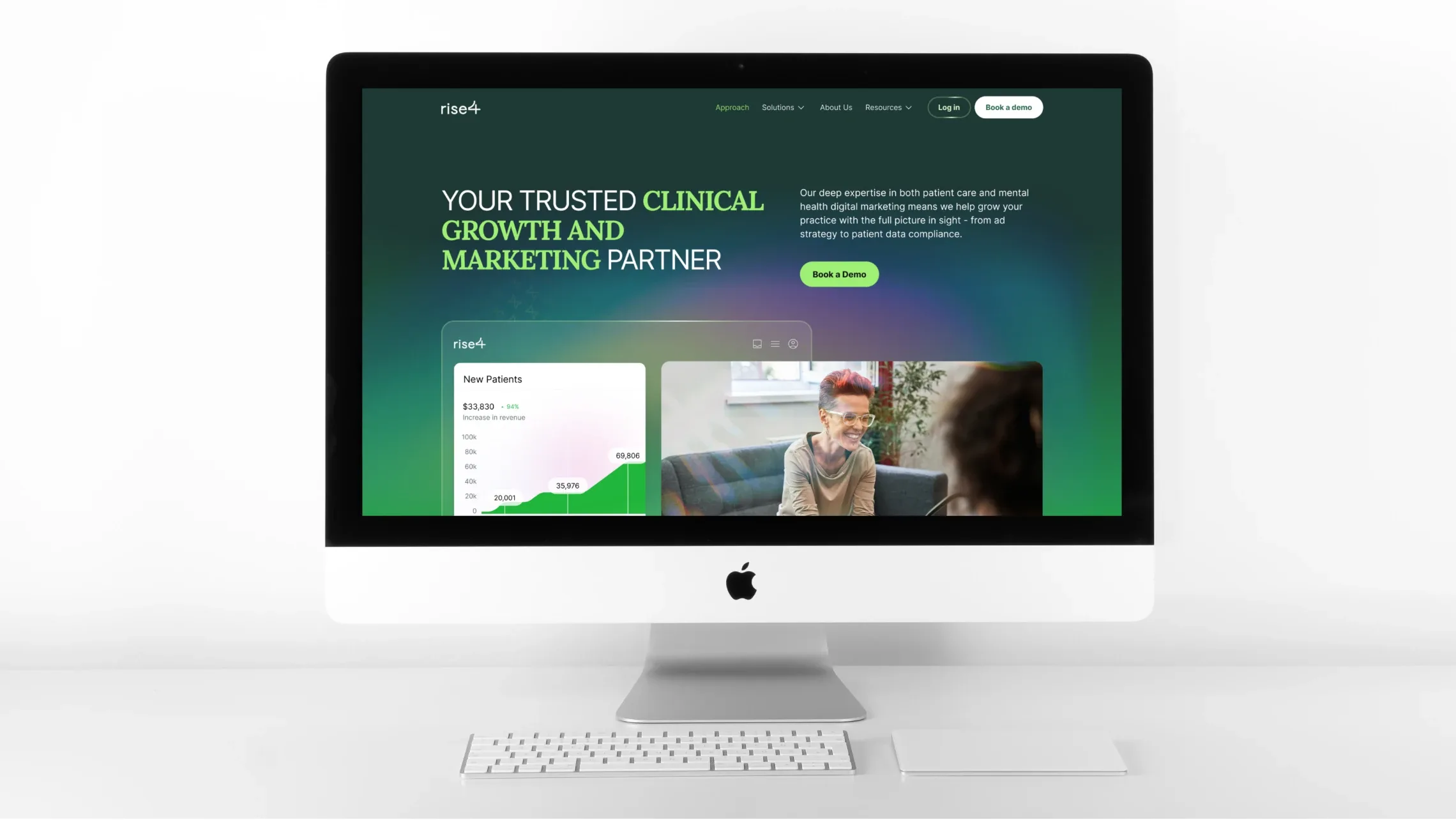 Rise4 homepage, “Your trusted clinical growth and marketing partner”, on a desktop computer