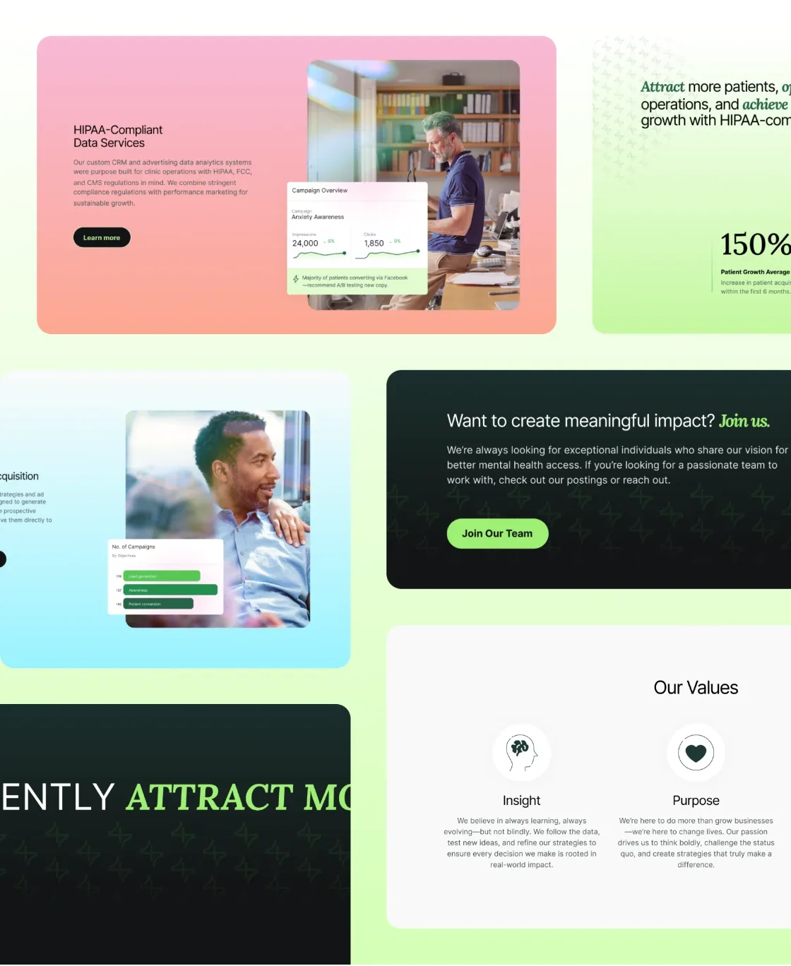 Collage of Rise4 website sections on pastel backgrounds