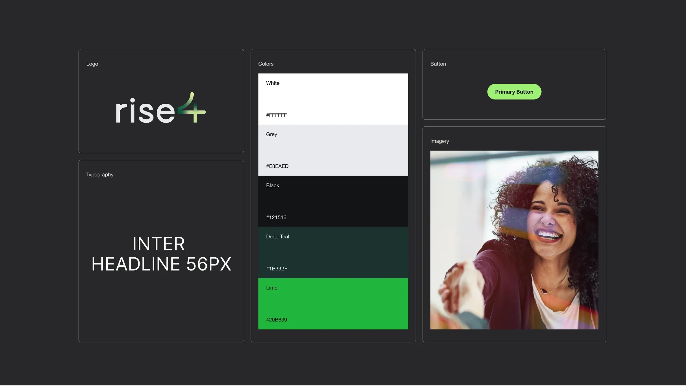 Rise4 brand system: logo, Inter typography, green colour palette, buttons and photography