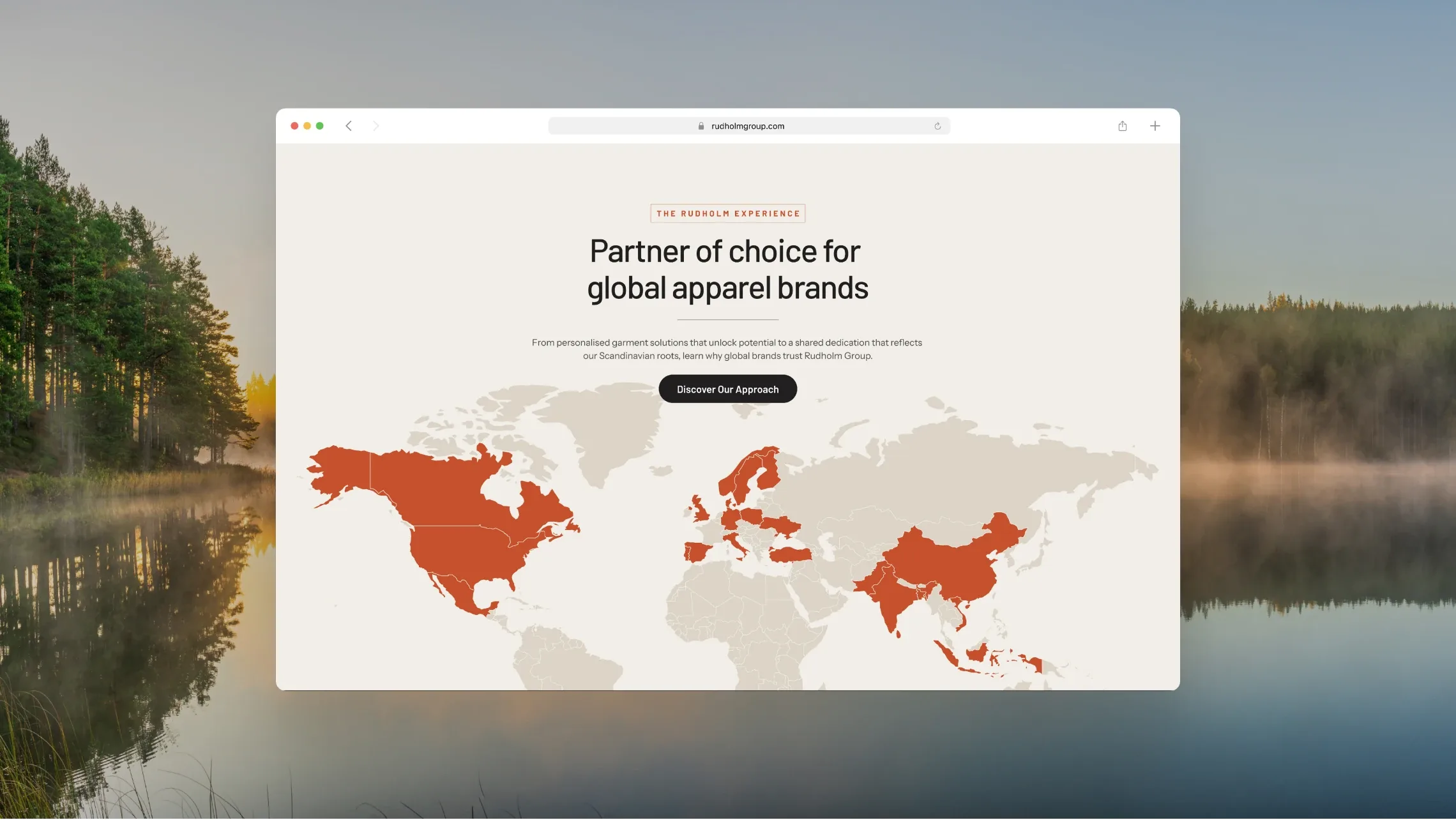 Rudholm homepage, “Partner of choice for global apparel brands”, with a world map