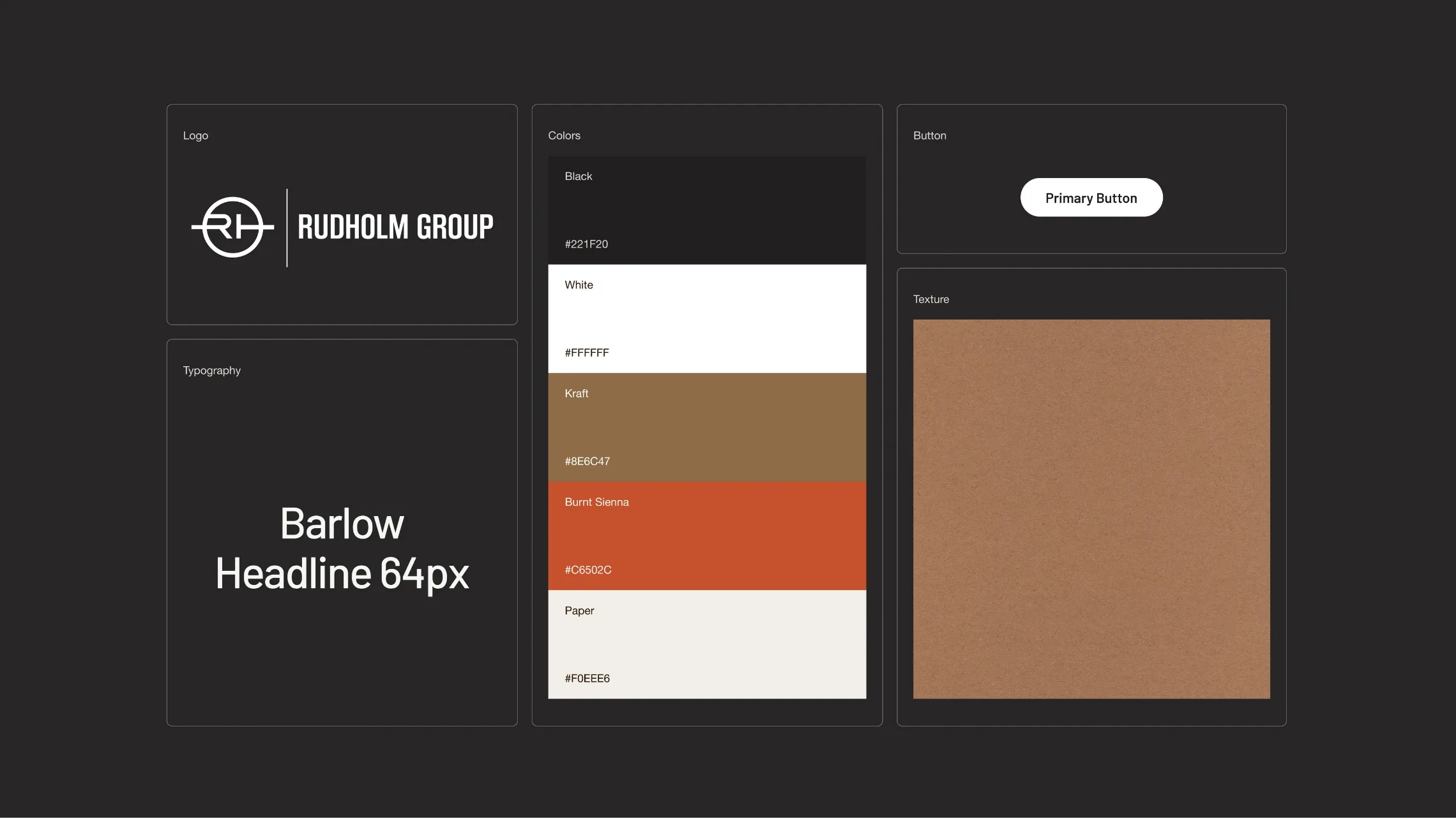 Rudholm Group brand system: logo, Barlow typography, brown and orange colour palette, buttons and a paper texture