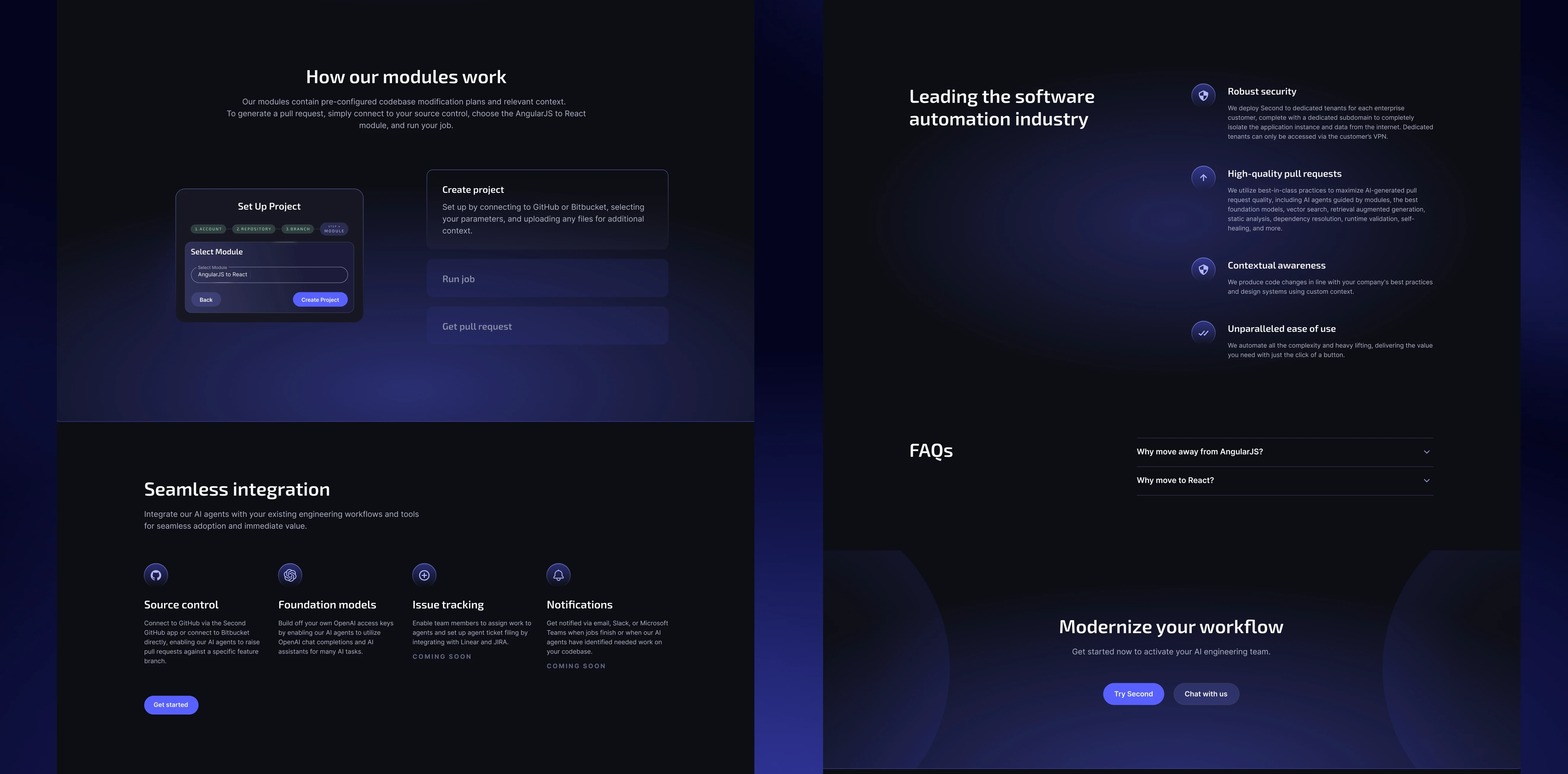 A dark-themed website layout explaining how software automation modules work